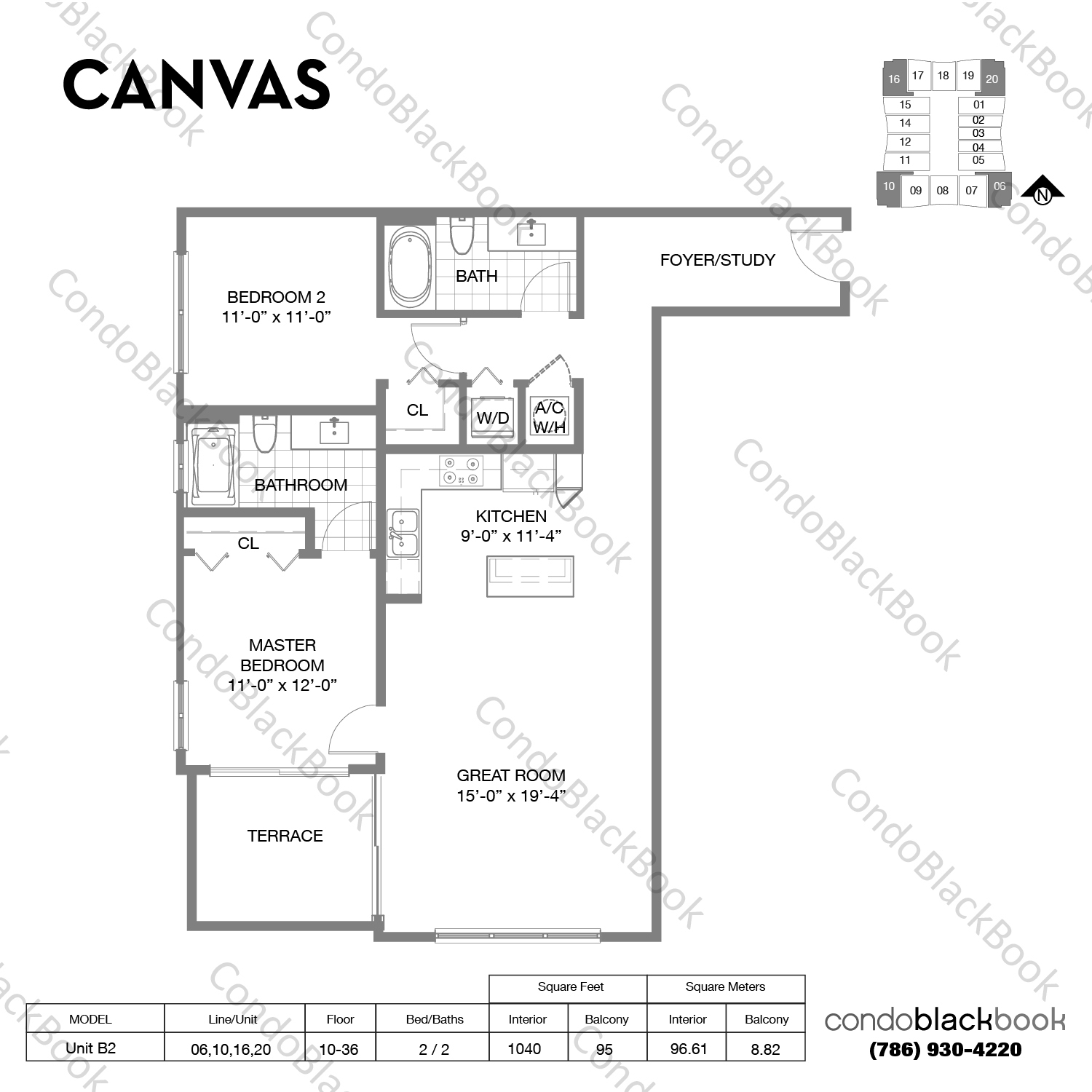 Floor plan for Canvas Arts & Entertainment District Miami, model Unit B2, line 06,10,16,20, 2 / 2 bedrooms, 1040 sq ft