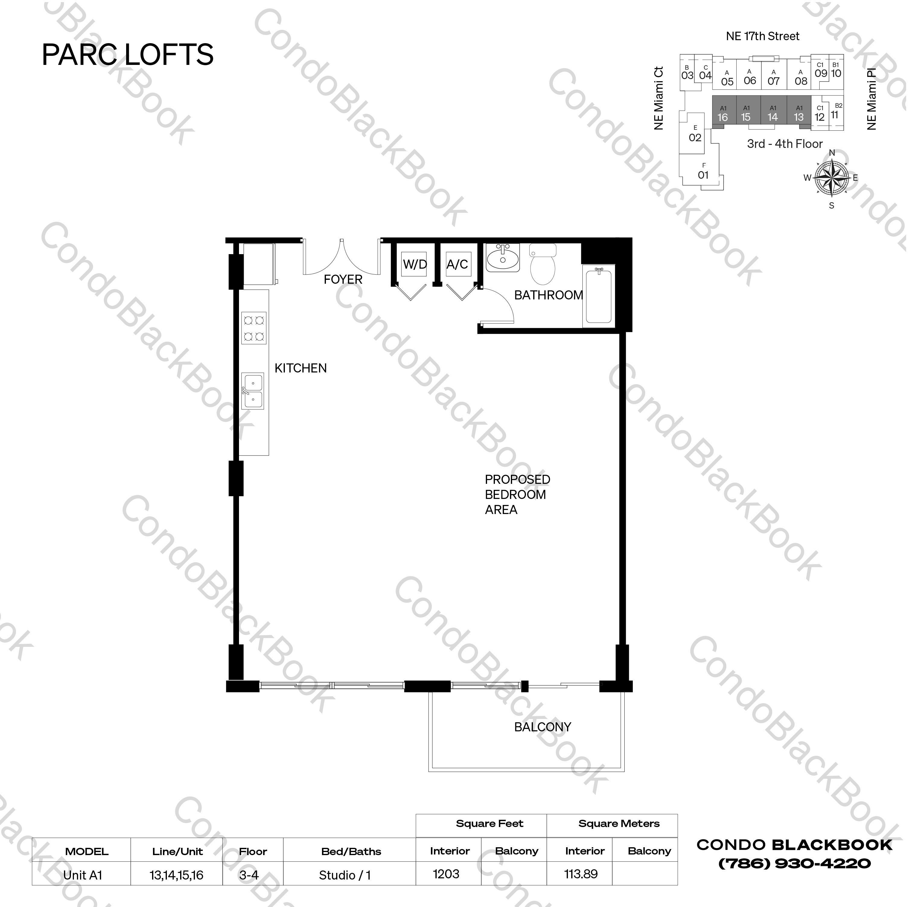 Floor plan for Parc Lofts Arts & Entertainment District Miami, model Unit A1, line 13,14,15,16, Studio / 1 bedrooms, 1203 sq ft
