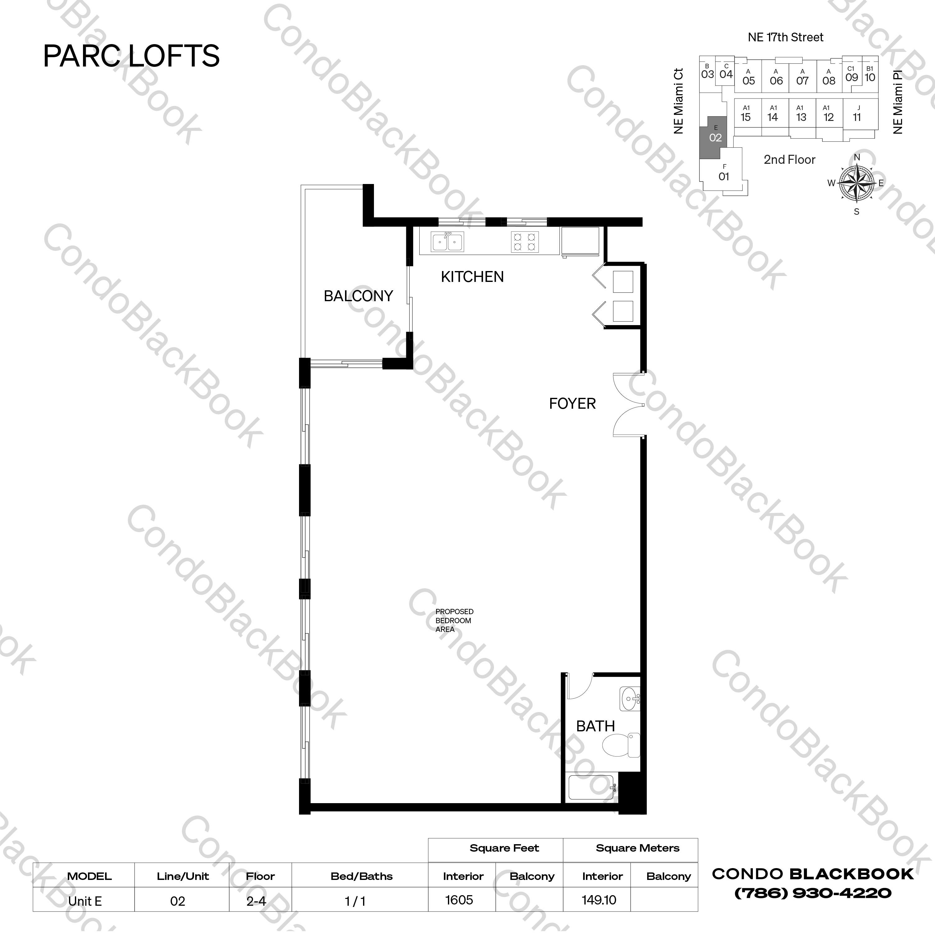 Floor plan for Parc Lofts Arts & Entertainment District Miami, model Unit E, line 02, 1 / 1 bedrooms, 1605 sq ft