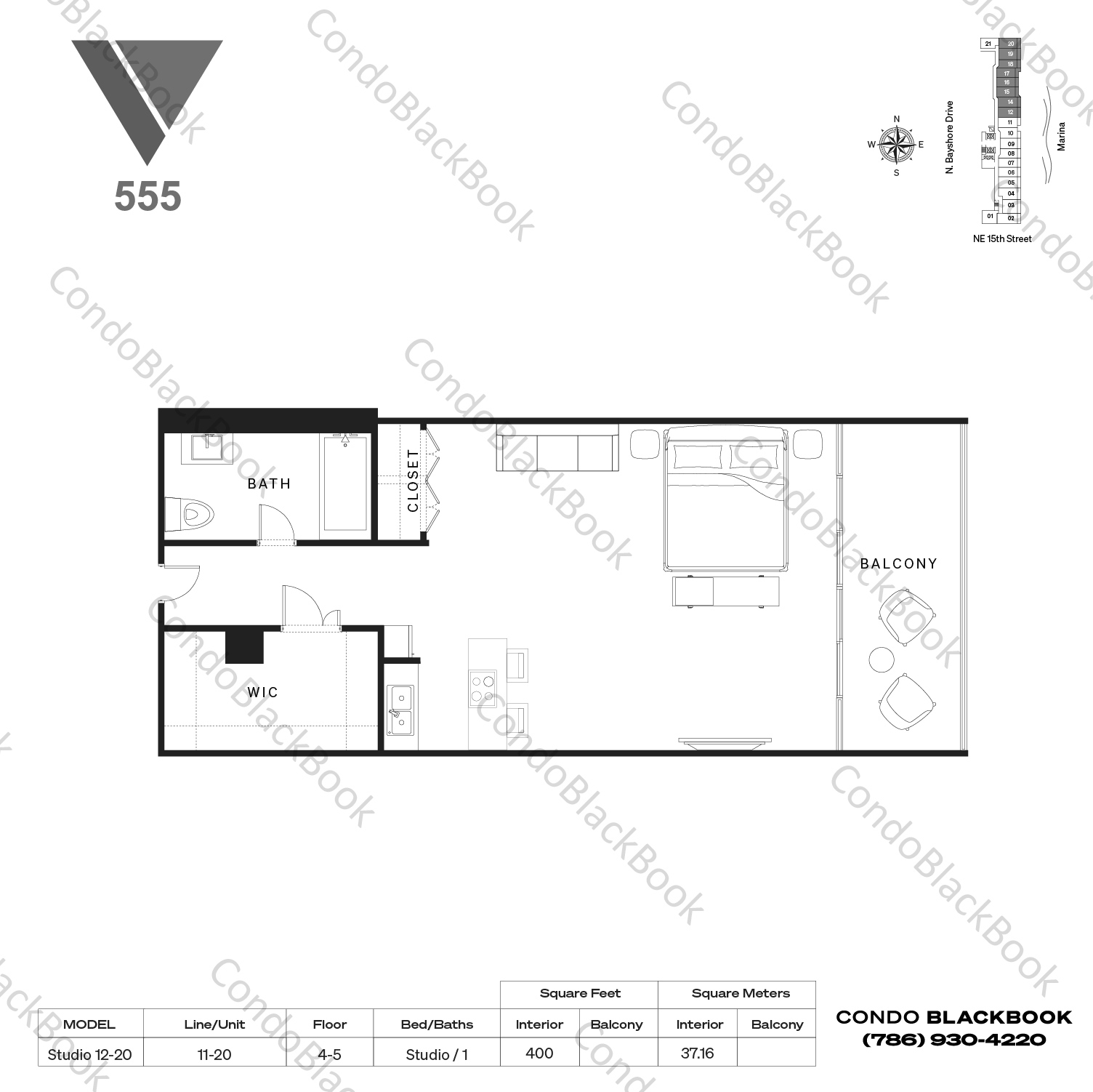 Floor plan for The Venetia Arts & Entertainment District Miami, model Studio 11-21, line 11-21, 0/1 bedrooms, 400 sq ft