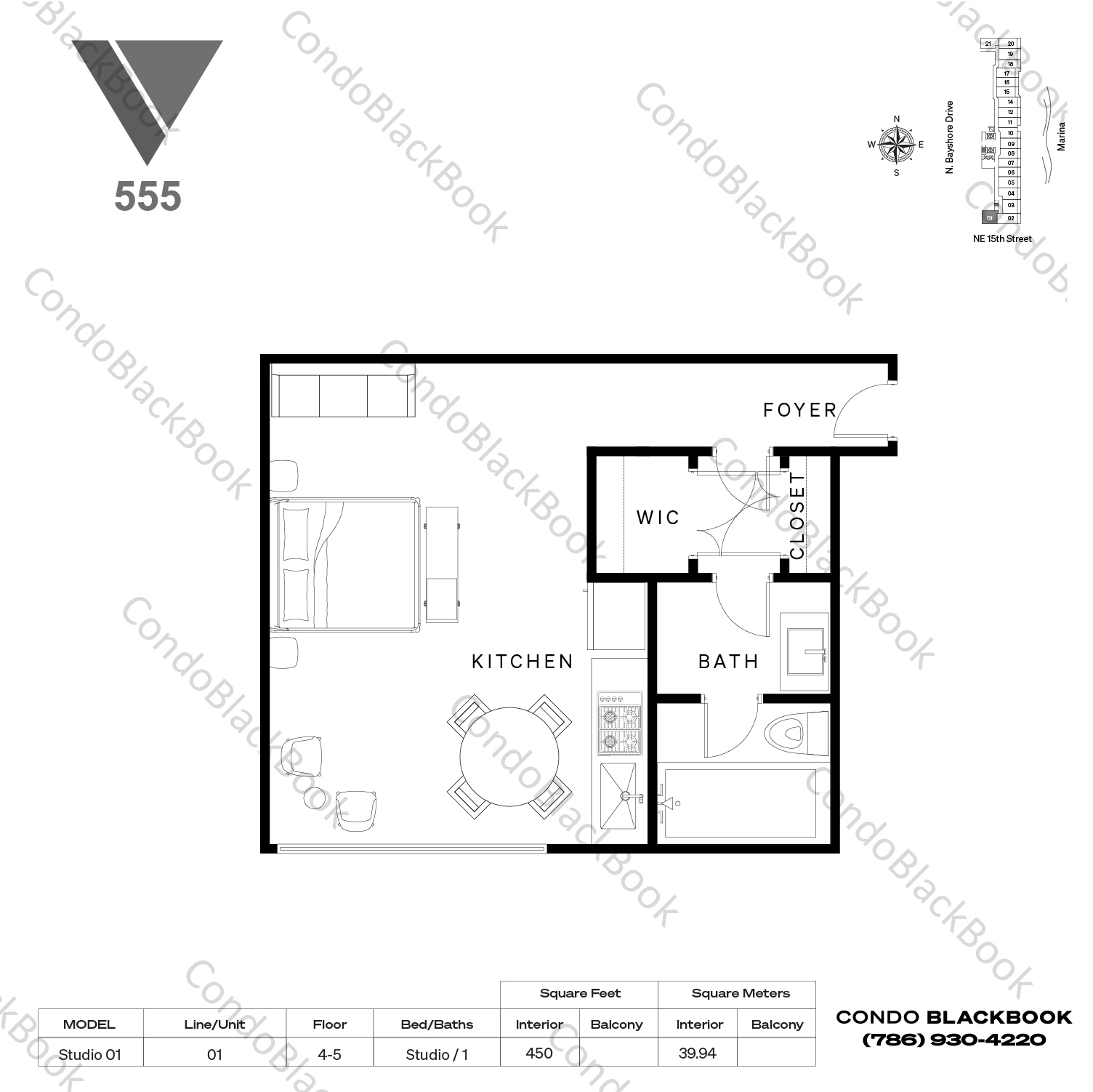 Floor plan for The Venetia Arts & Entertainment District Miami, model Studio 01, line 01, 0/1 bedrooms, 450 sq ft