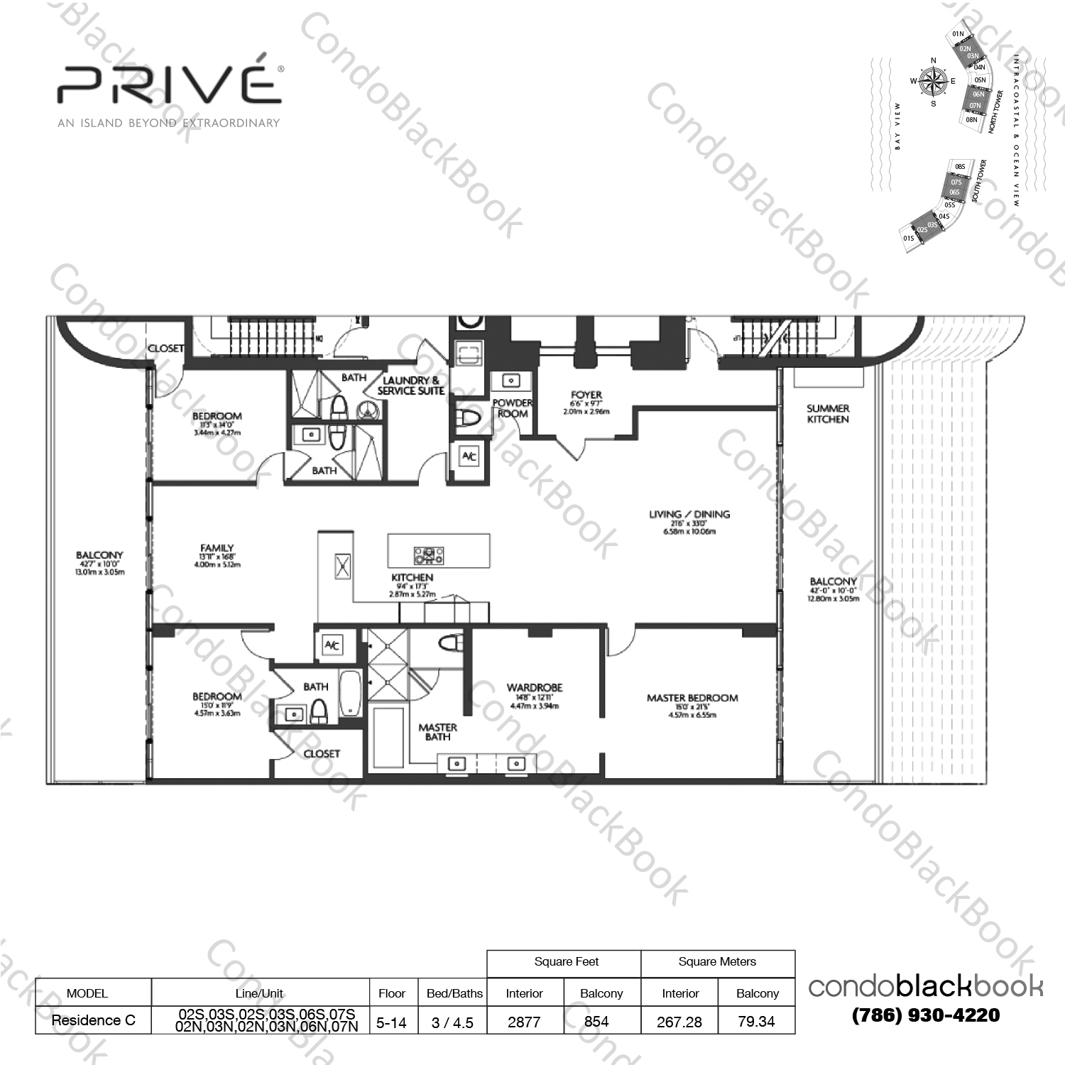 Floor plan for Privé Aventura, model Residence C, line 02S,03S,02S,03S,06S,07S,02N,03N,02N,03N,06N,07N, 3 / 4.5 bedrooms, 2877 sq ft