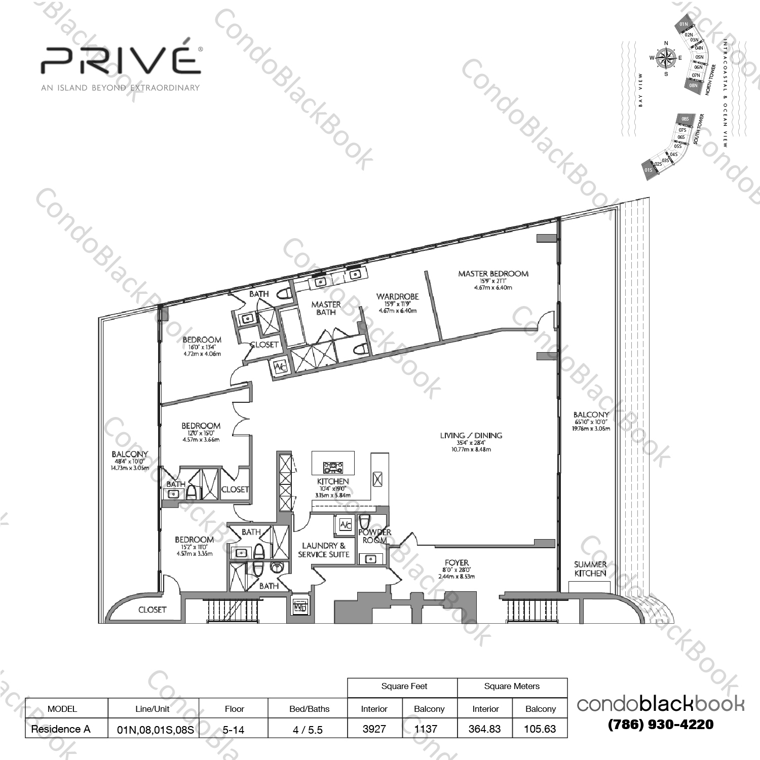 Floor plan for Privé Aventura, model Residence A, line 01N,08,01S,08S, 4 / 5.5 bedrooms, 3927 sq ft