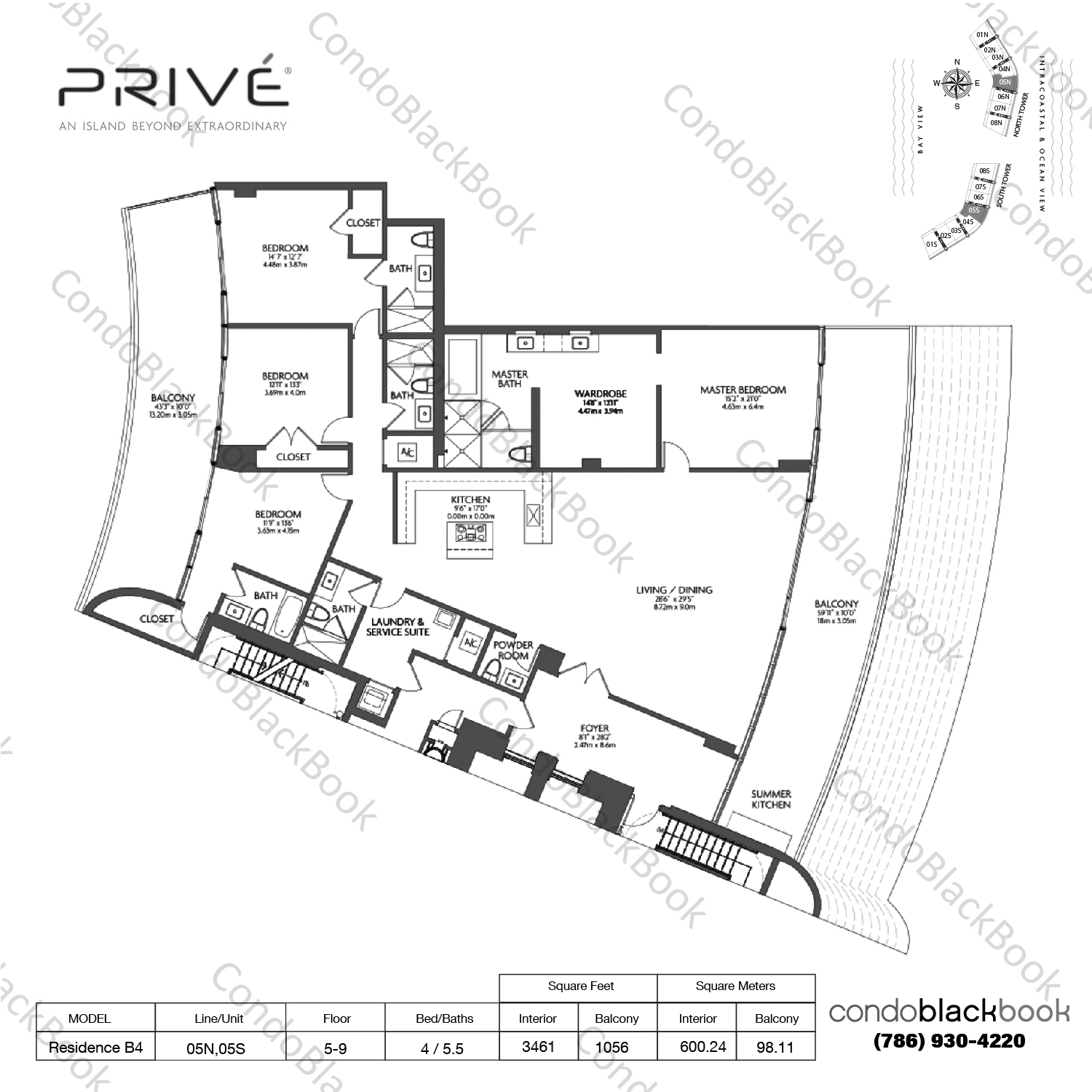Floor plan for Privé Aventura, model Residence B4, line 05N,05S, 4 / 5.5 bedrooms, 3461 sq ft