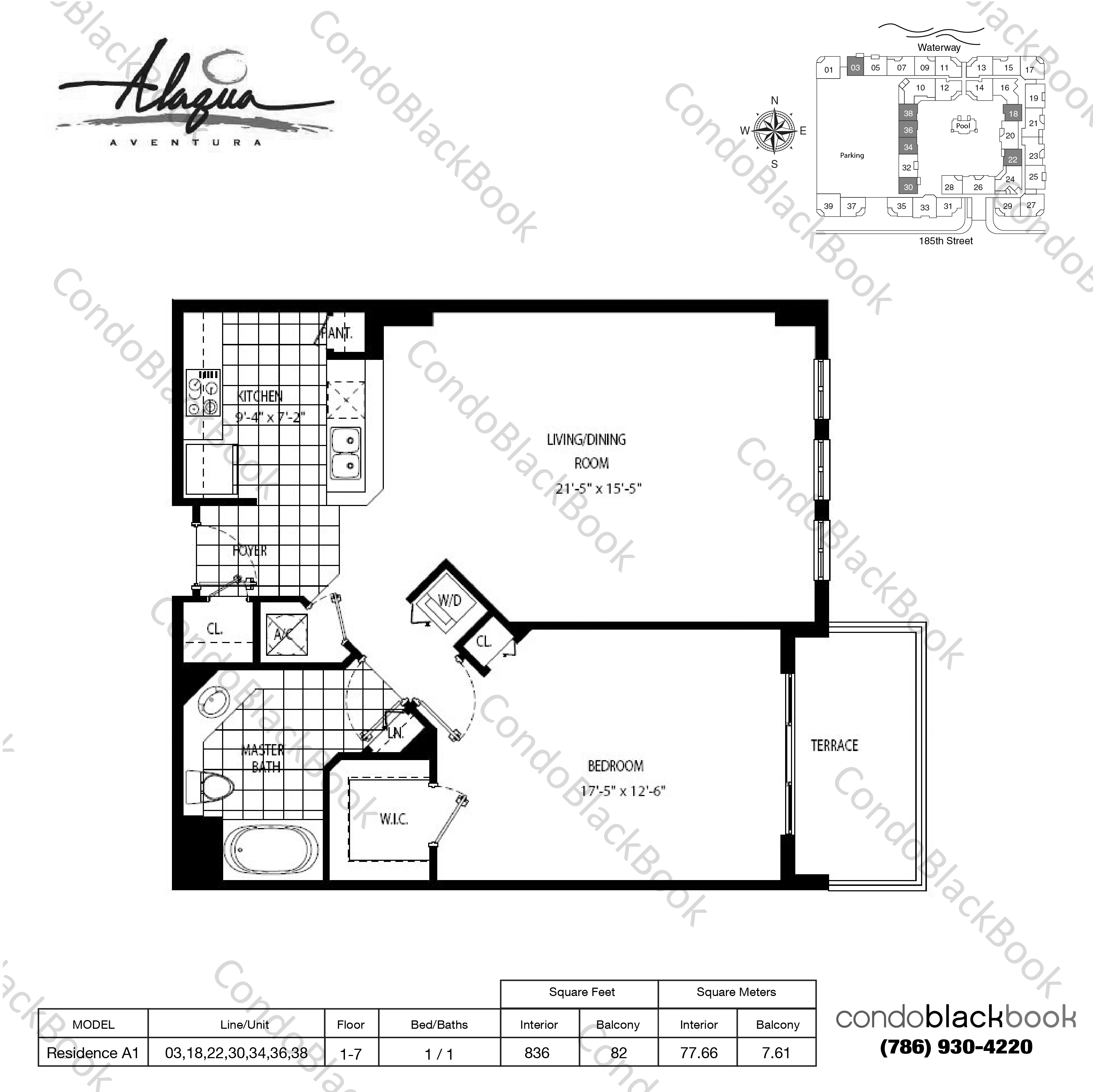 Floor plan for Alaqua Aventura, model Residence A1, line 03,18,22,30,34,36,38, 1 / 1 bedrooms, 836 sq ft