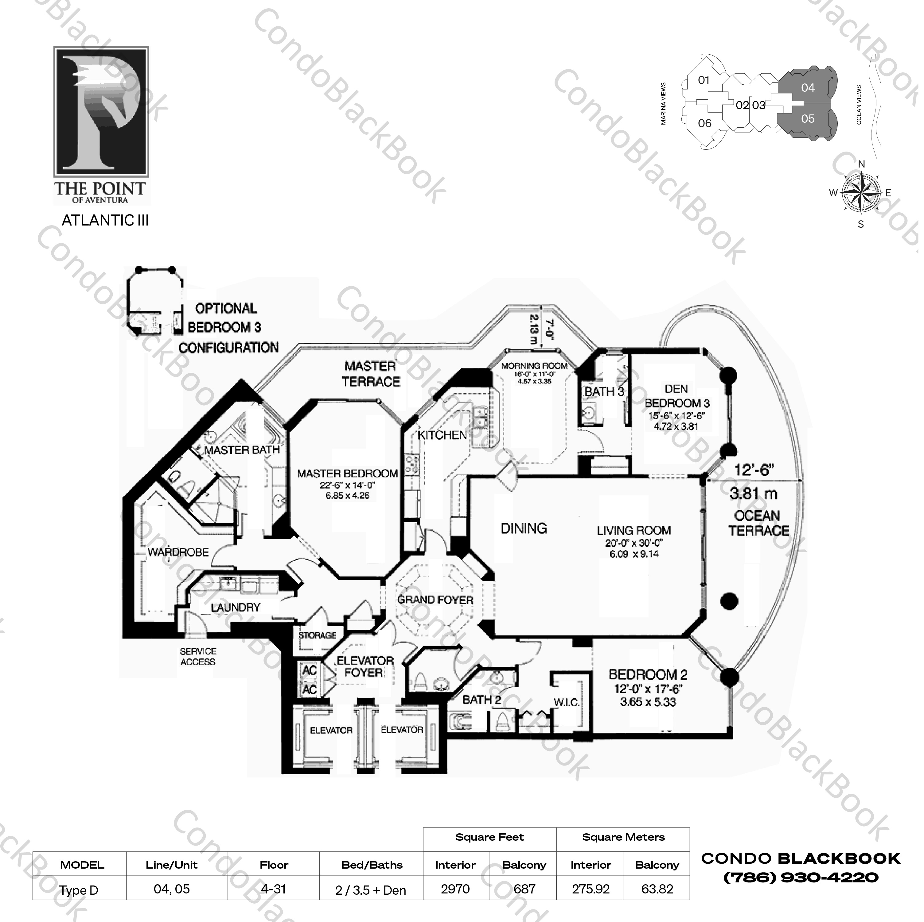 Floor plan for Atlantic III at the Point Aventura, model Type D, line 04, 05, 2 / 3.5 + Den bedrooms, 2970 sq ft