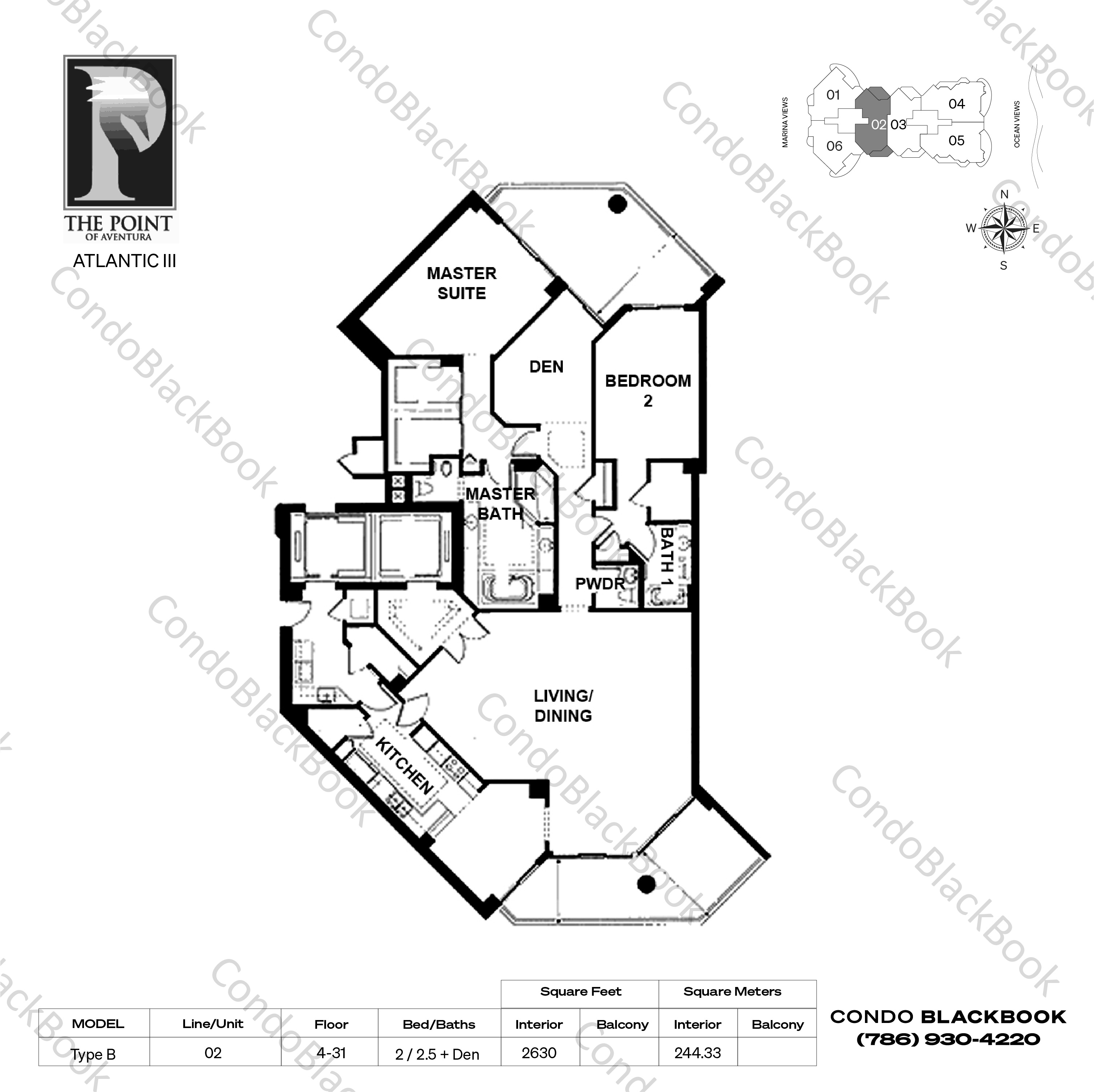Floor plan for Atlantic III at the Point Aventura, model Type B, line 02, 2 / 2.5 + Den bedrooms, 2630 sq ft
