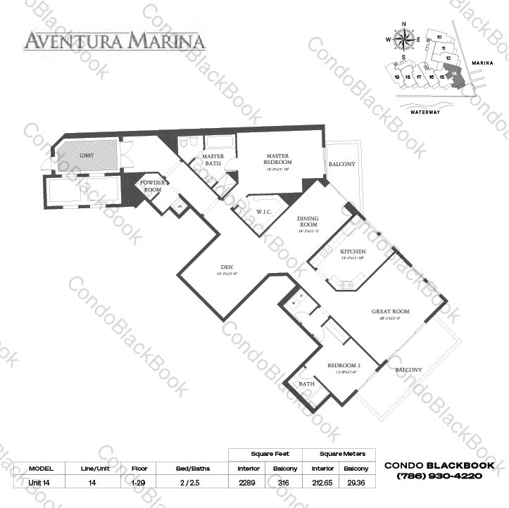 Floor plan for Aventura Marina II Aventura, model Unit 14, line 14, 2 / 2.5 bedrooms, 2289 sq ft