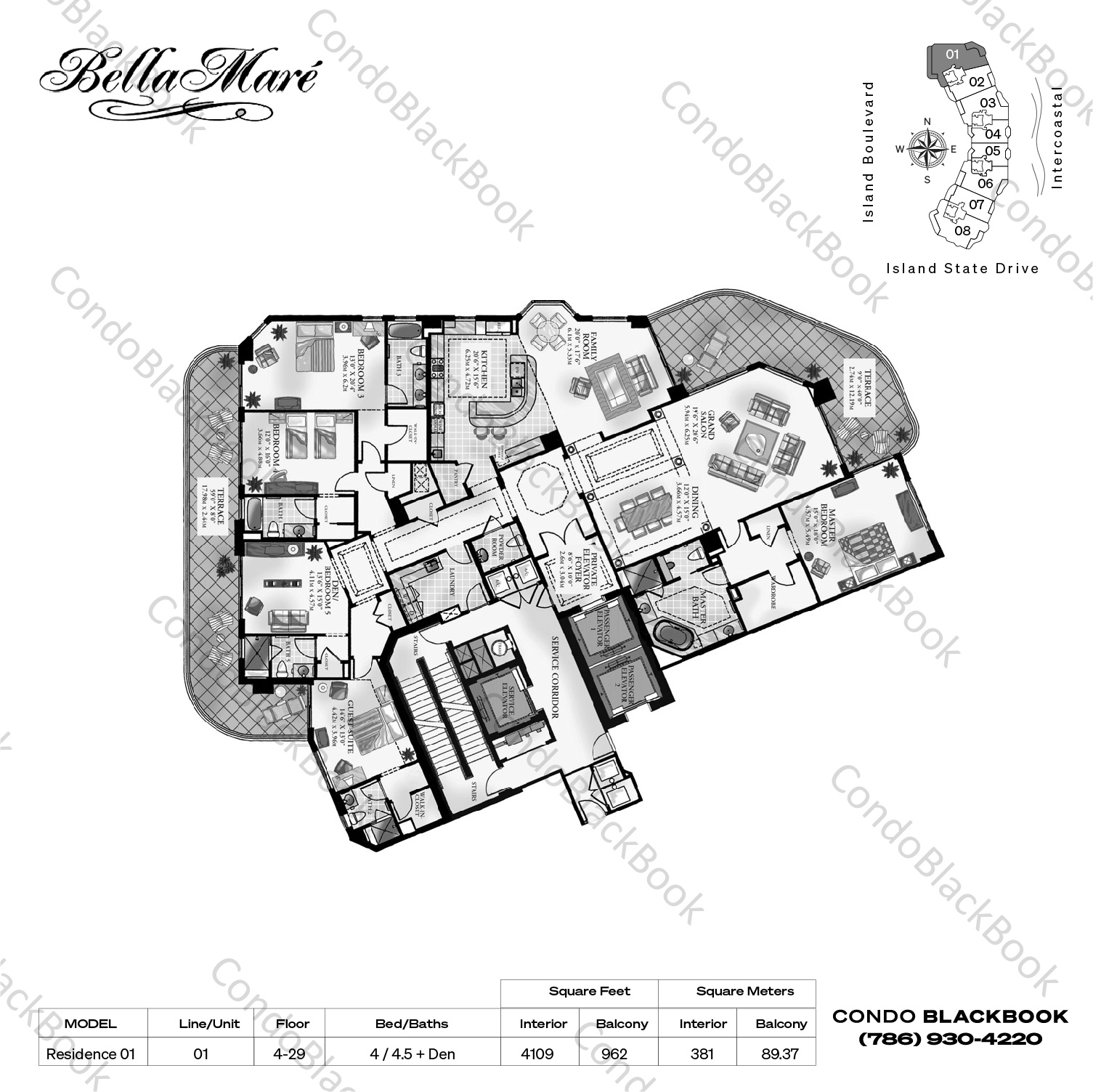 Floor plan for Bella Mare Aventura, model Residence 01, line 01, 4 / 4.5 + Den bedrooms, 4109 sq ft