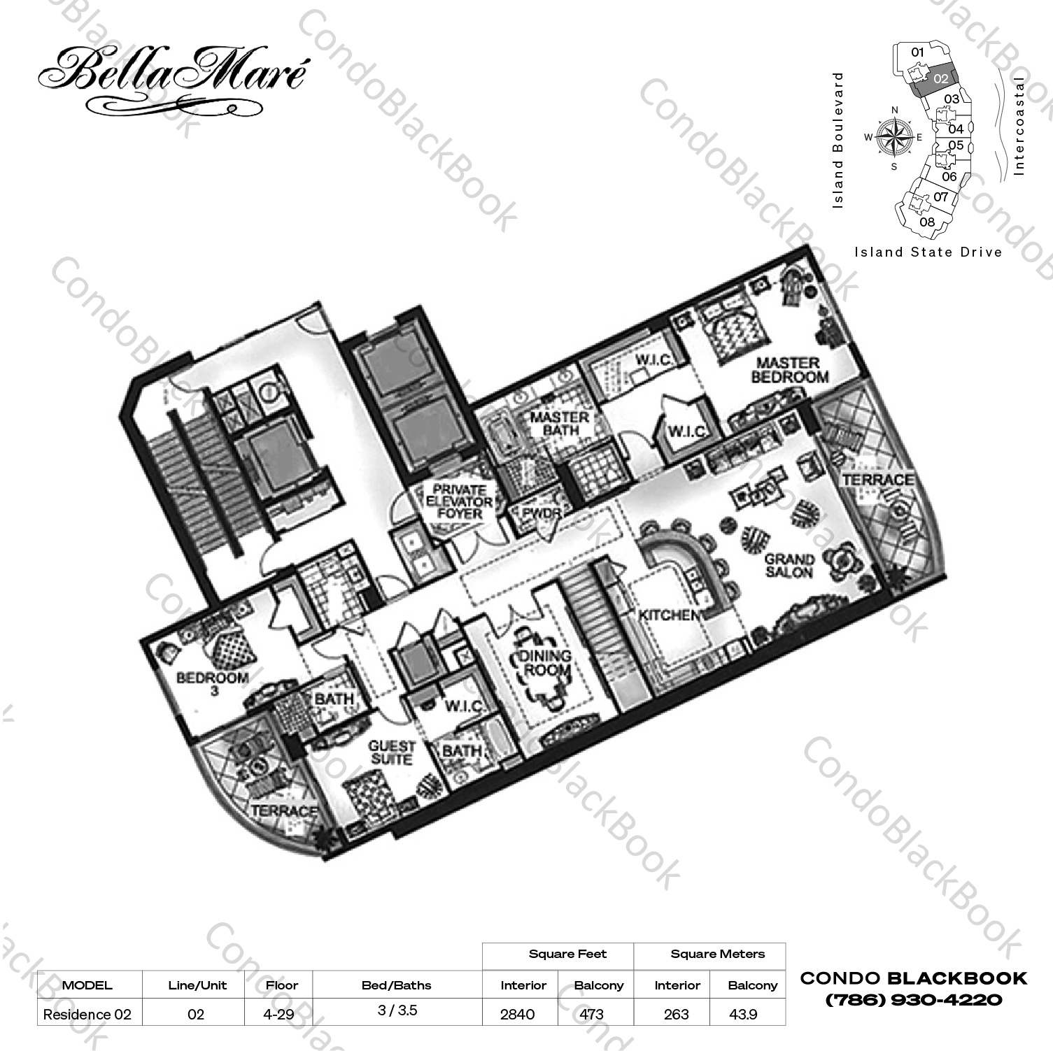 Floor plan for Bella Mare Aventura, model Residence 02, line 02 , 3 / 3.5 bedrooms, 2840 sq ft