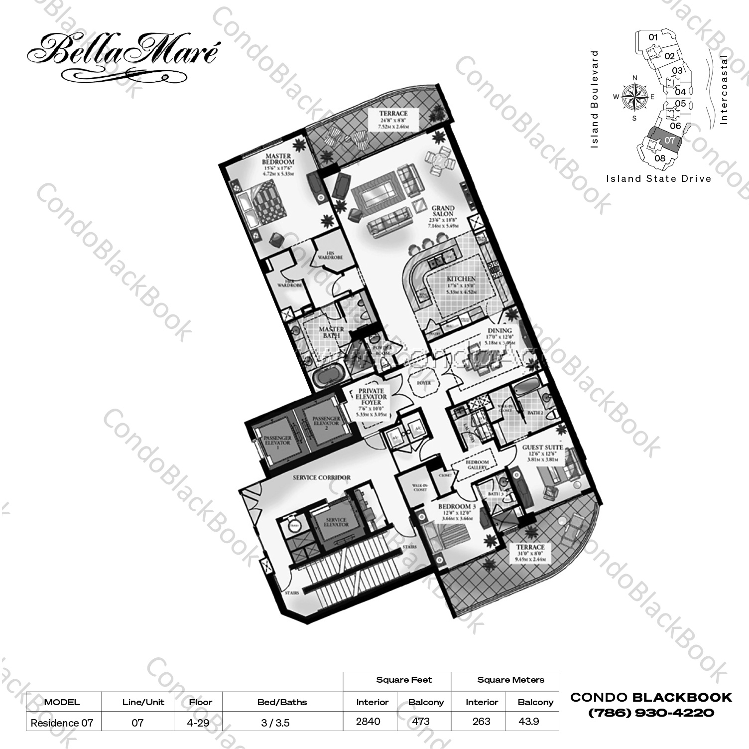 Floor plan for Bella Mare Aventura, model Residence 07, line 07, 3 / 3.5 bedrooms, 2840 sq ft