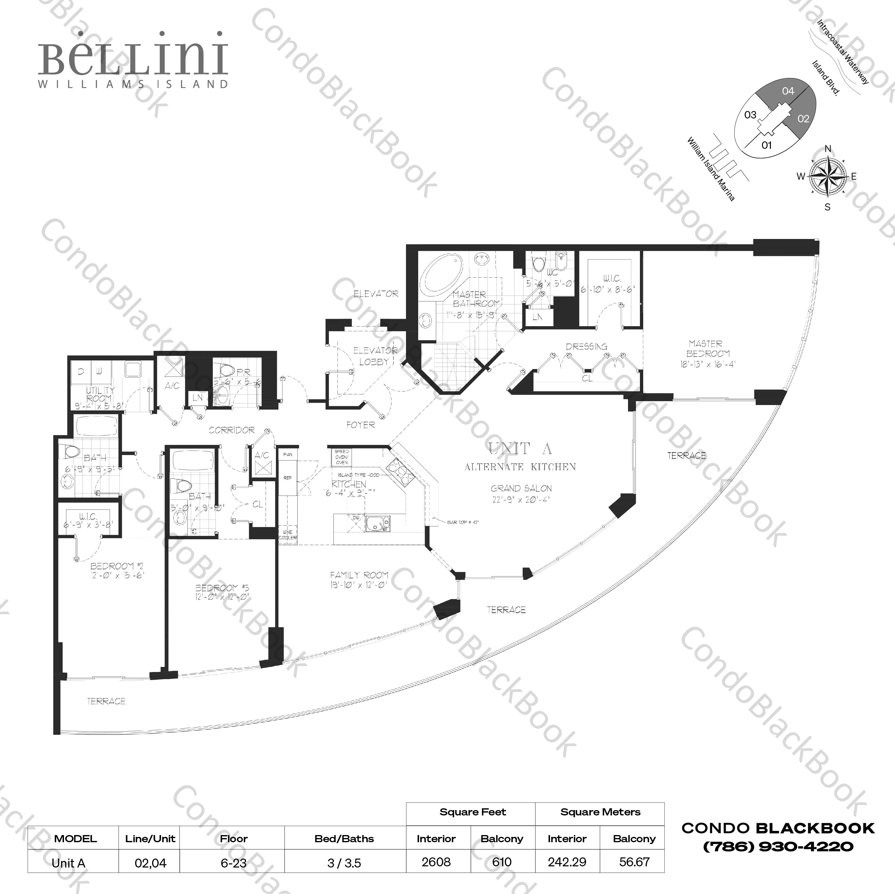 Floor plan for Bellini Williams Island Aventura, model Unit B, line 01,03, 3 / 3 bedrooms, 2235 sq ft