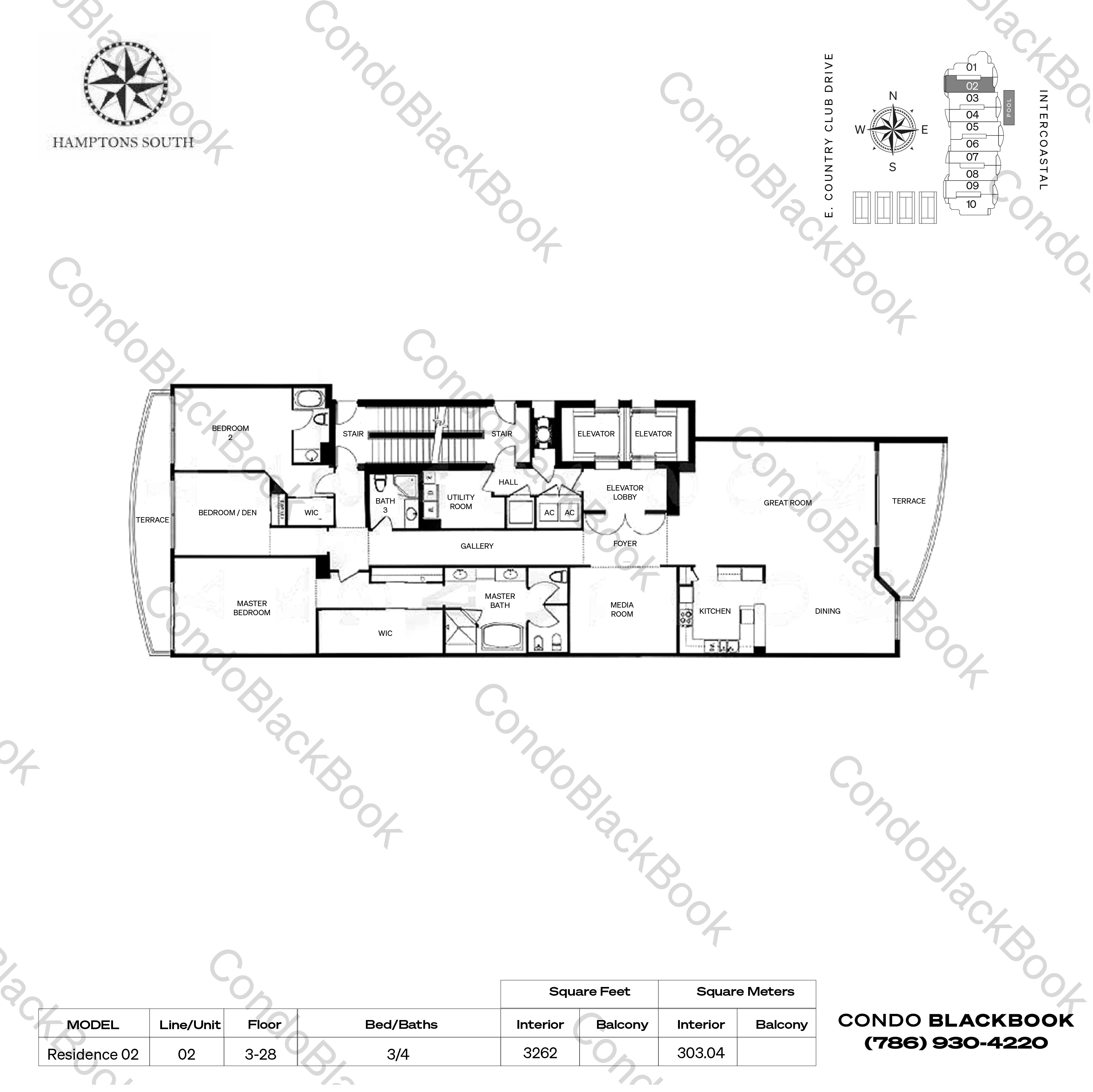 Floor plan for Hamptons South Aventura, model Residence 02, line 02, 3 / 4 bedrooms, 3262 sq ft