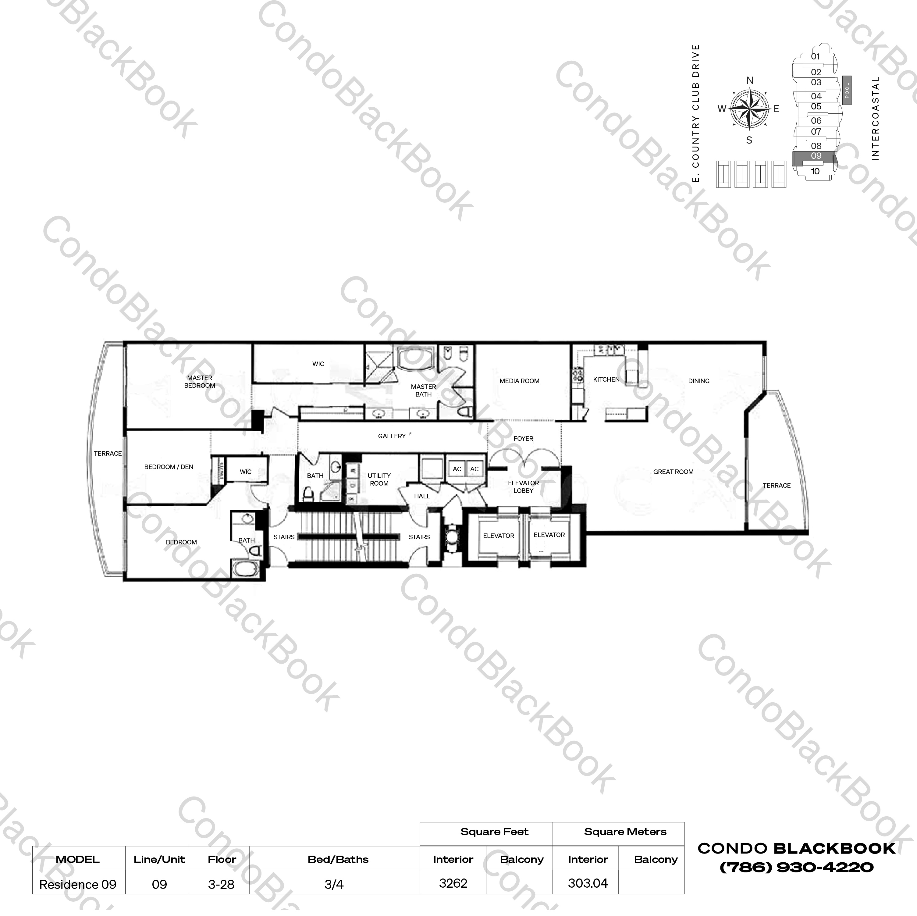 Floor plan for Hamptons South Aventura, model Residence 09, line 09, 3 / 4 bedrooms, 3262 sq ft