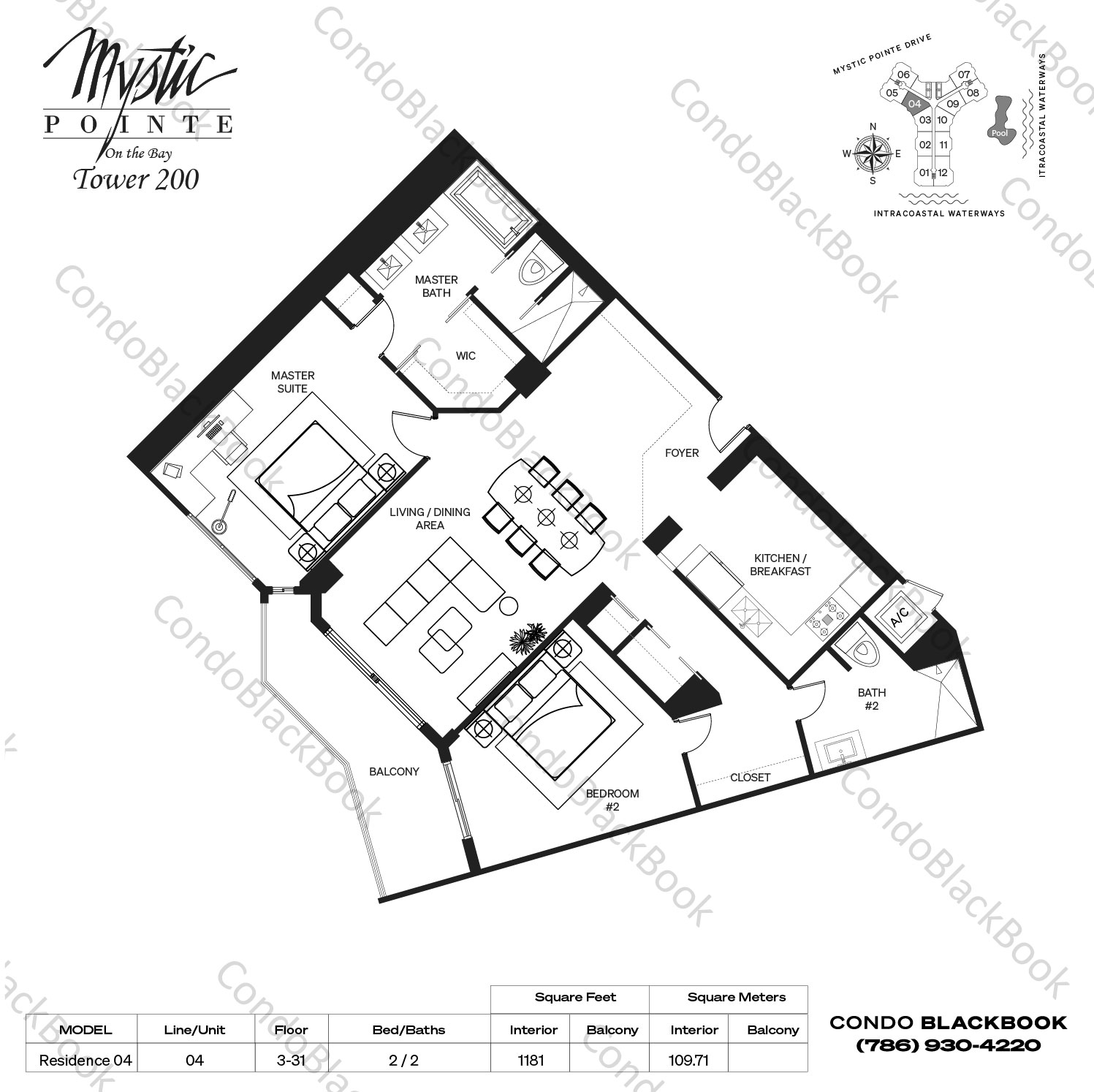 Floor plan for Mystic Pointe 200 Aventura, model Residence 04, line 04, 2 / 2 bedrooms, 1181 sq ft