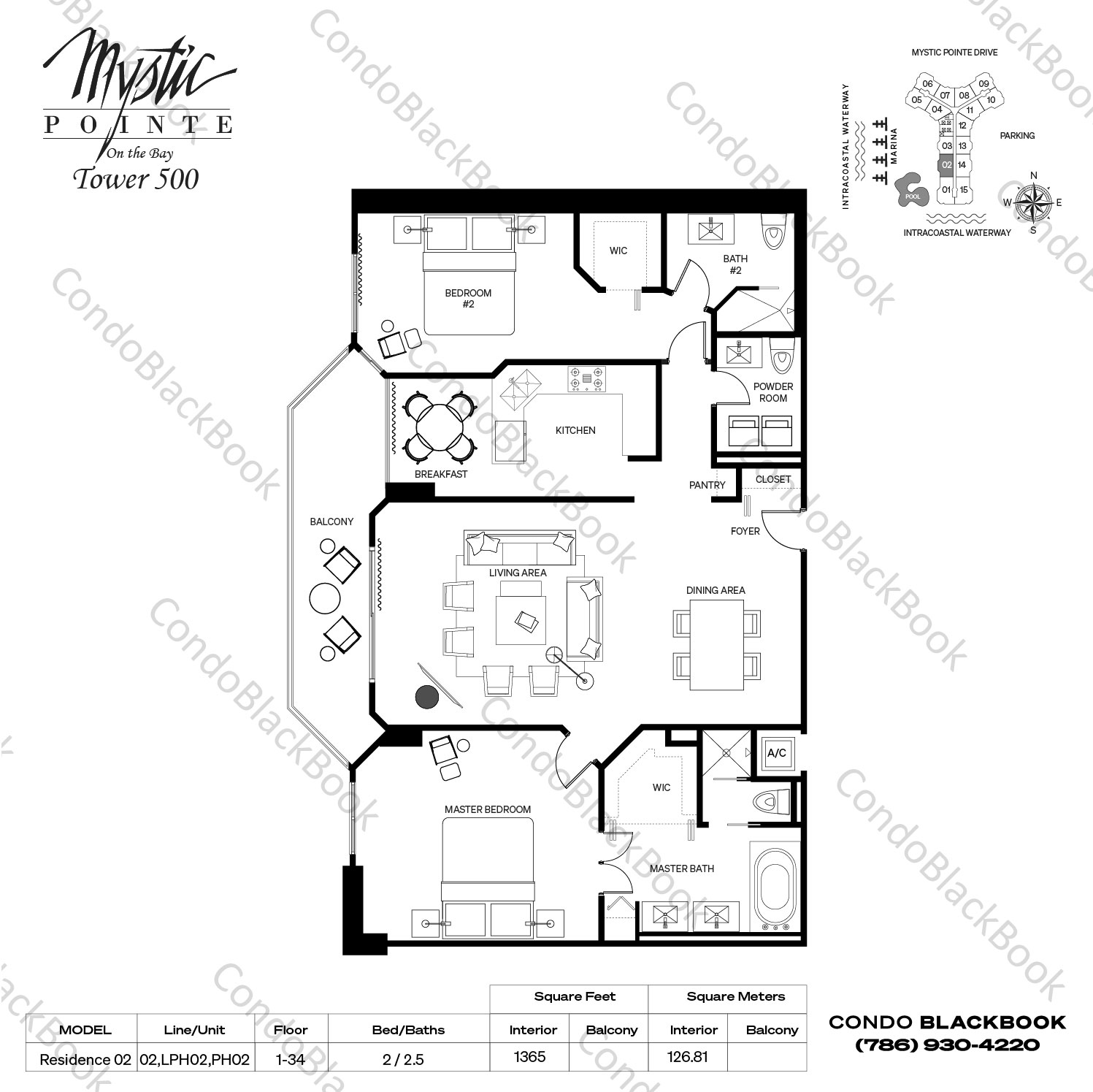 Floor plan for Mystic Pointe 500 Aventura, model Residence 02, line 02,LPH02,PH02, 2 / 2.5 bedrooms, 1365 sq ft