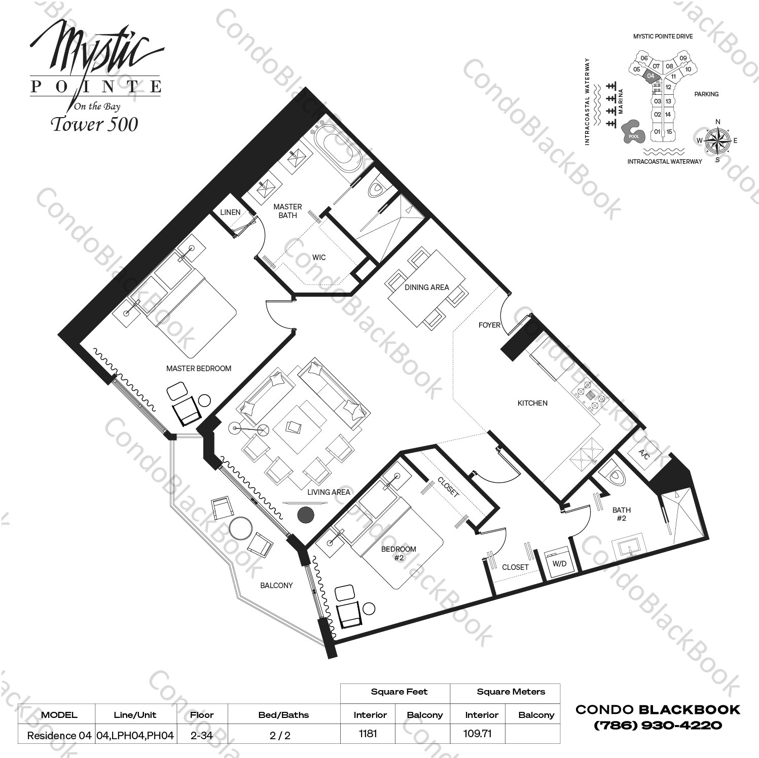 Floor plan for Mystic Pointe 500 Aventura, model Residence 04, line 04,LPH04,PH04, 2 / 2 bedrooms, 1181 sq ft