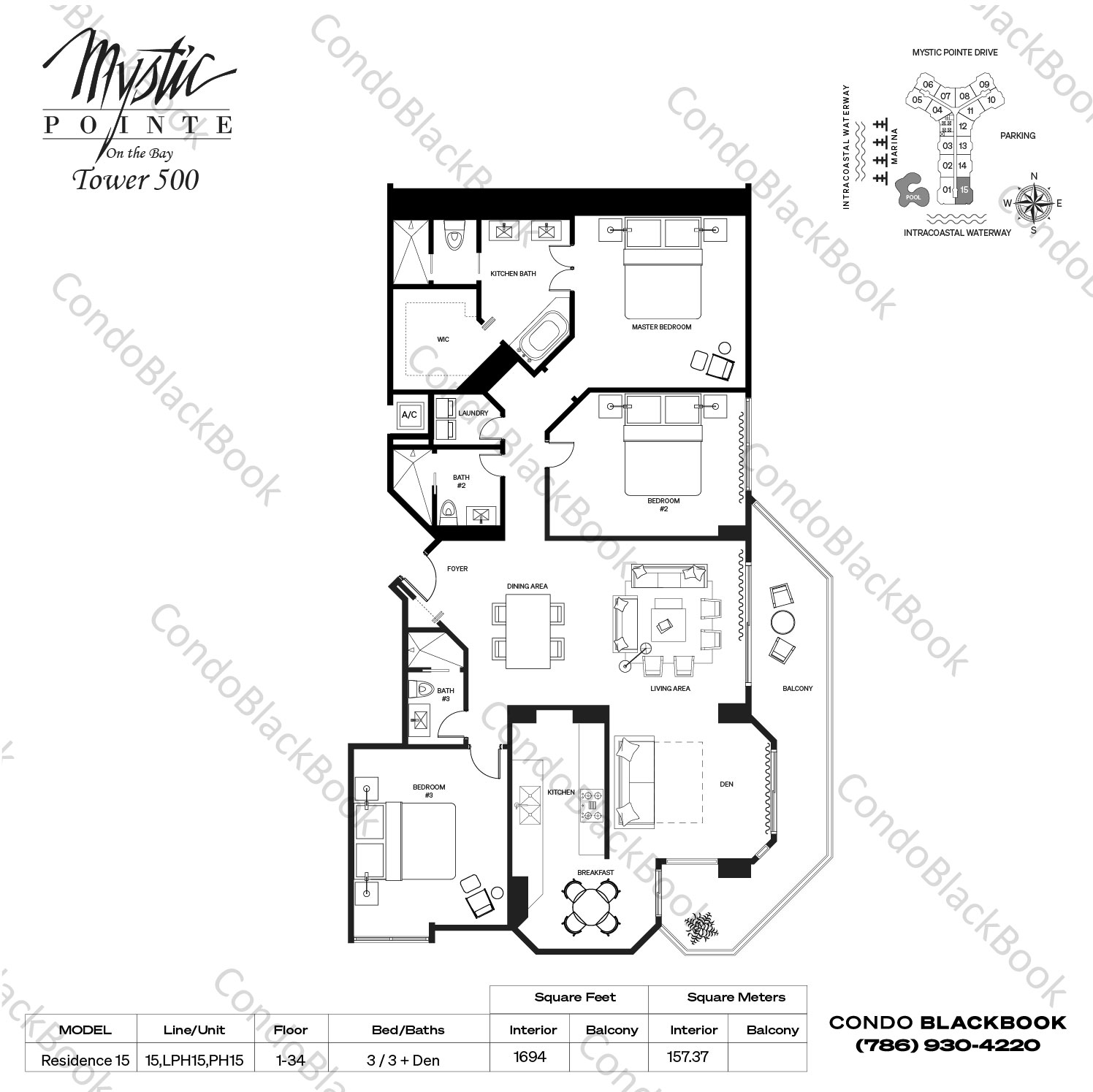 Floor plan for Mystic Pointe 500 Aventura, model Residence 15, line 15,LPH15,PH15, 3 / 3 + Den bedrooms, 1694 sq ft