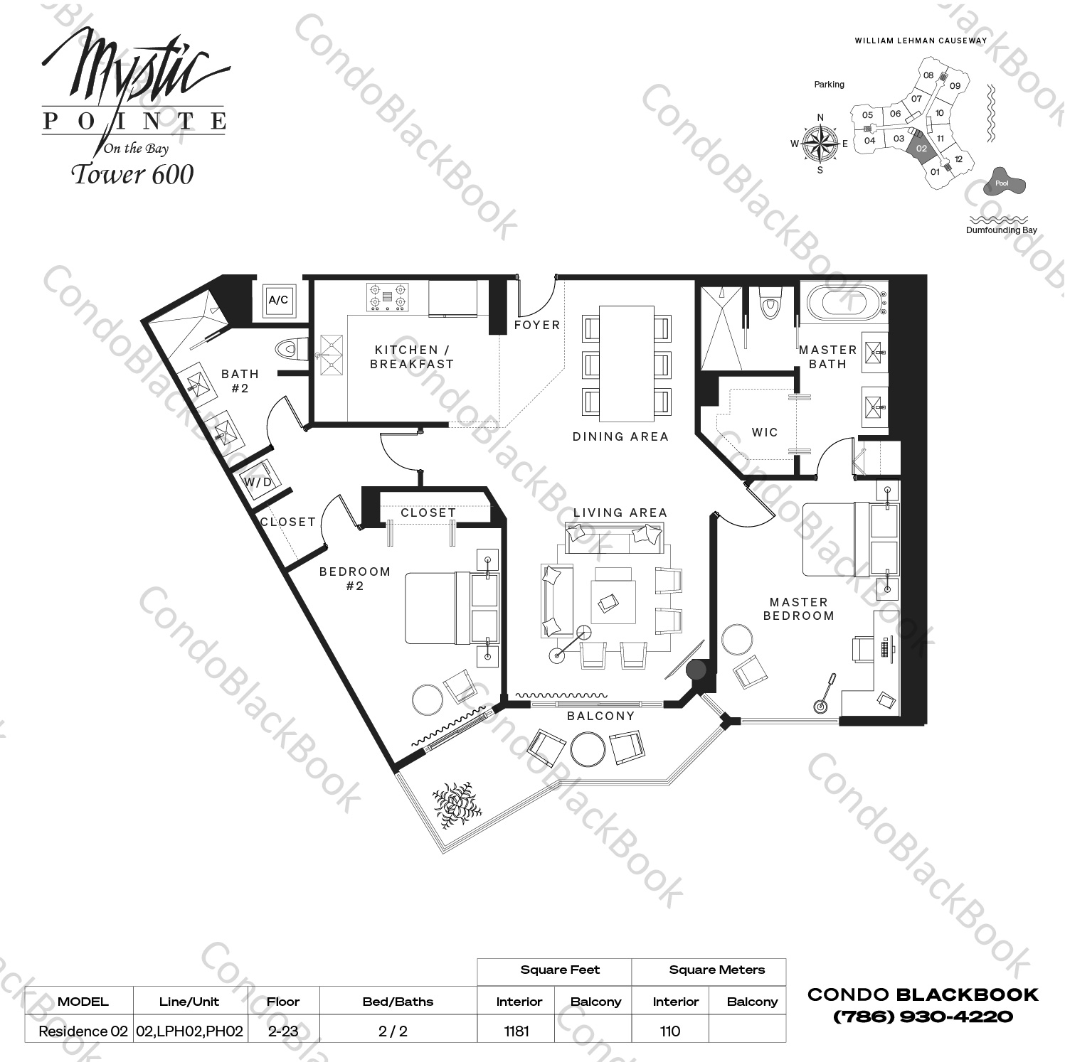 Floor plan for Mystic Pointe 600 Aventura, model Residence 02, line 02,LPH02,PH02, 2 / 2 bedrooms, 1181 sq ft