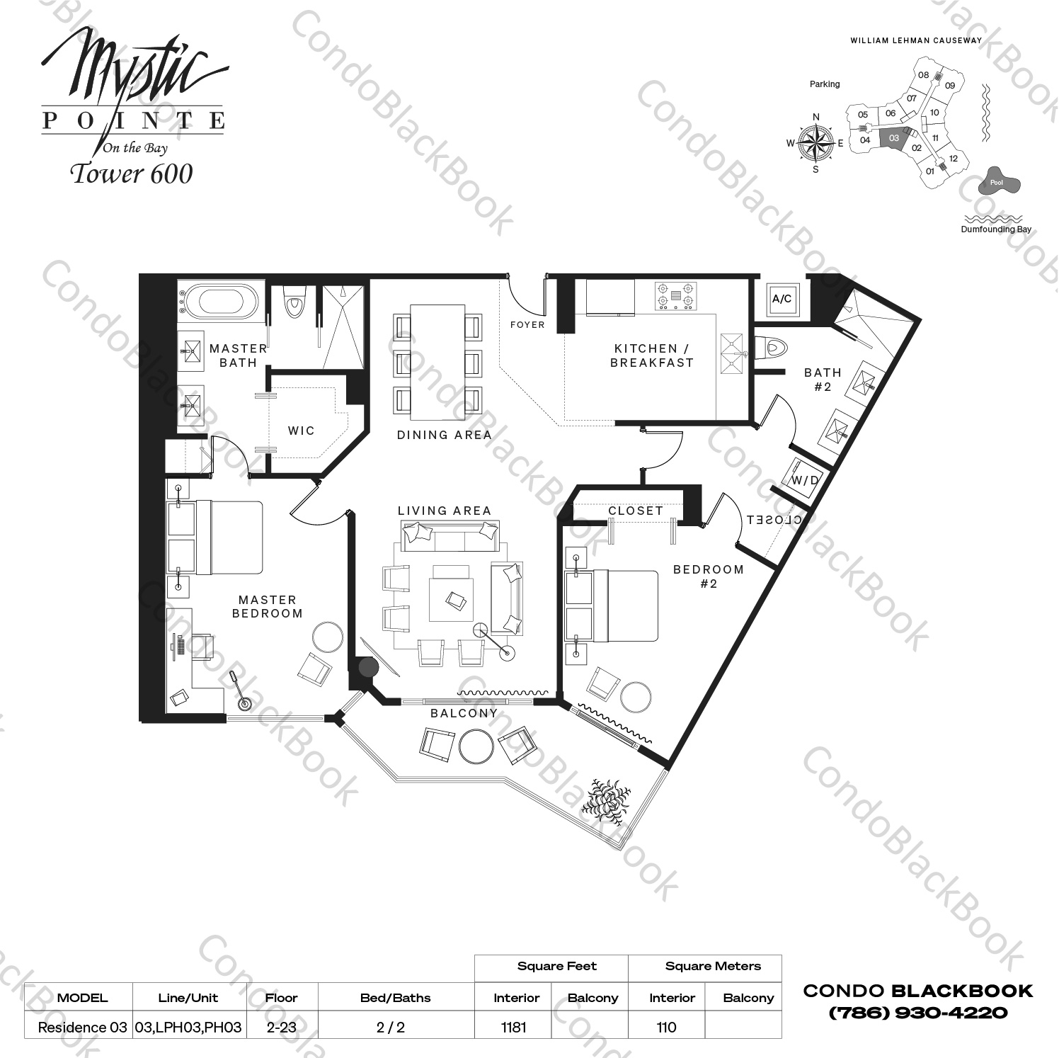 Floor plan for Mystic Pointe 600 Aventura, model Residence 03, line 03,LPH03,PH03, 2 / 2 bedrooms, 1181 sq ft