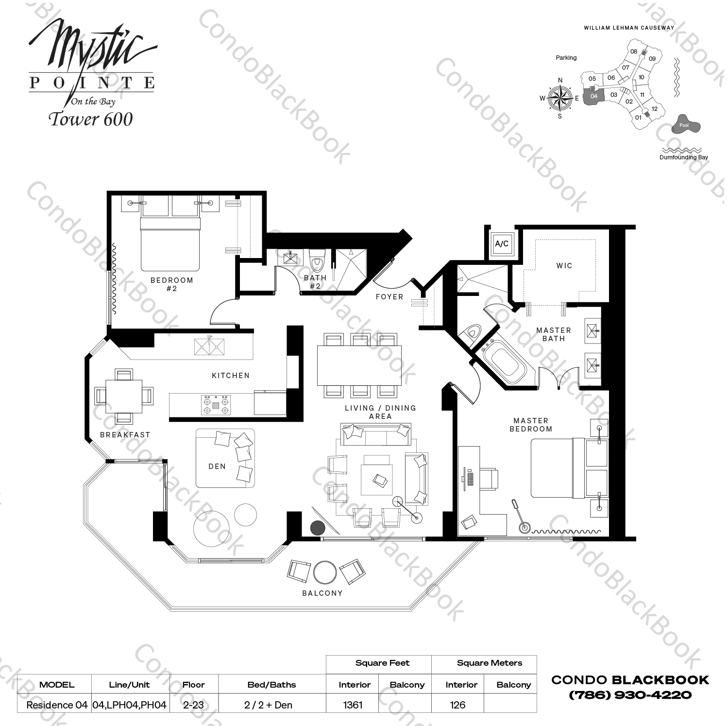 Floor plan for Mystic Pointe 600 Aventura, model Residence 04, line 04,LPH04,PH04, 2 / 2 + Den bedrooms, 1361 sq ft
