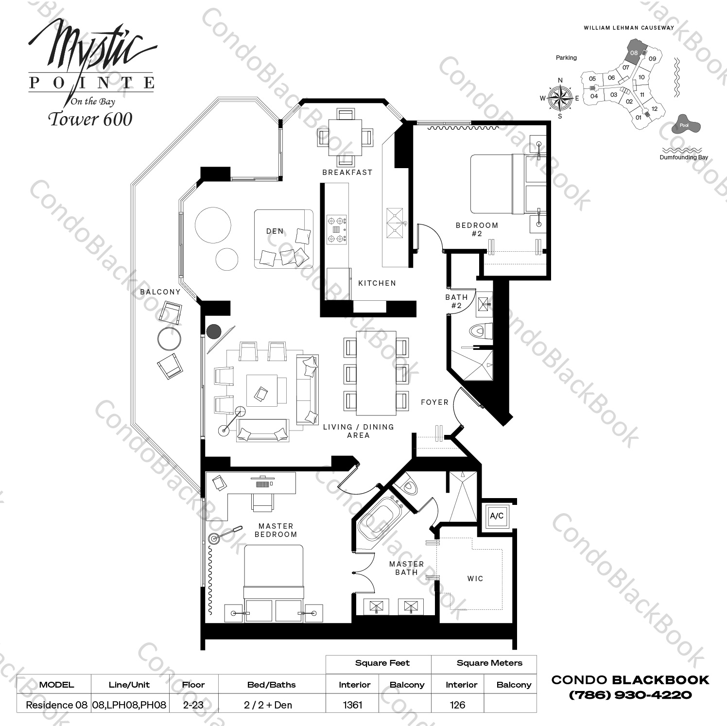 Floor plan for Mystic Pointe 600 Aventura, model Residence 08, line 08,LPH08,PH08, 2 / 2 + Den bedrooms, 1361 sq ft