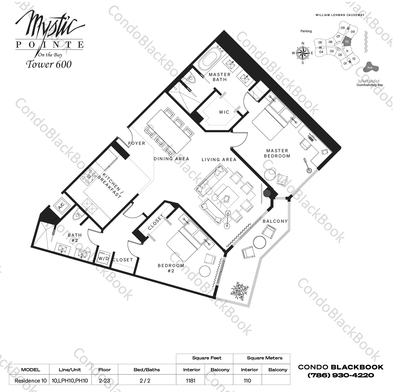 Floor plan for Mystic Pointe 600 Aventura, model Residence 10, line 10,LPH10,PH10, 2 / 2 bedrooms, 1181 sq ft