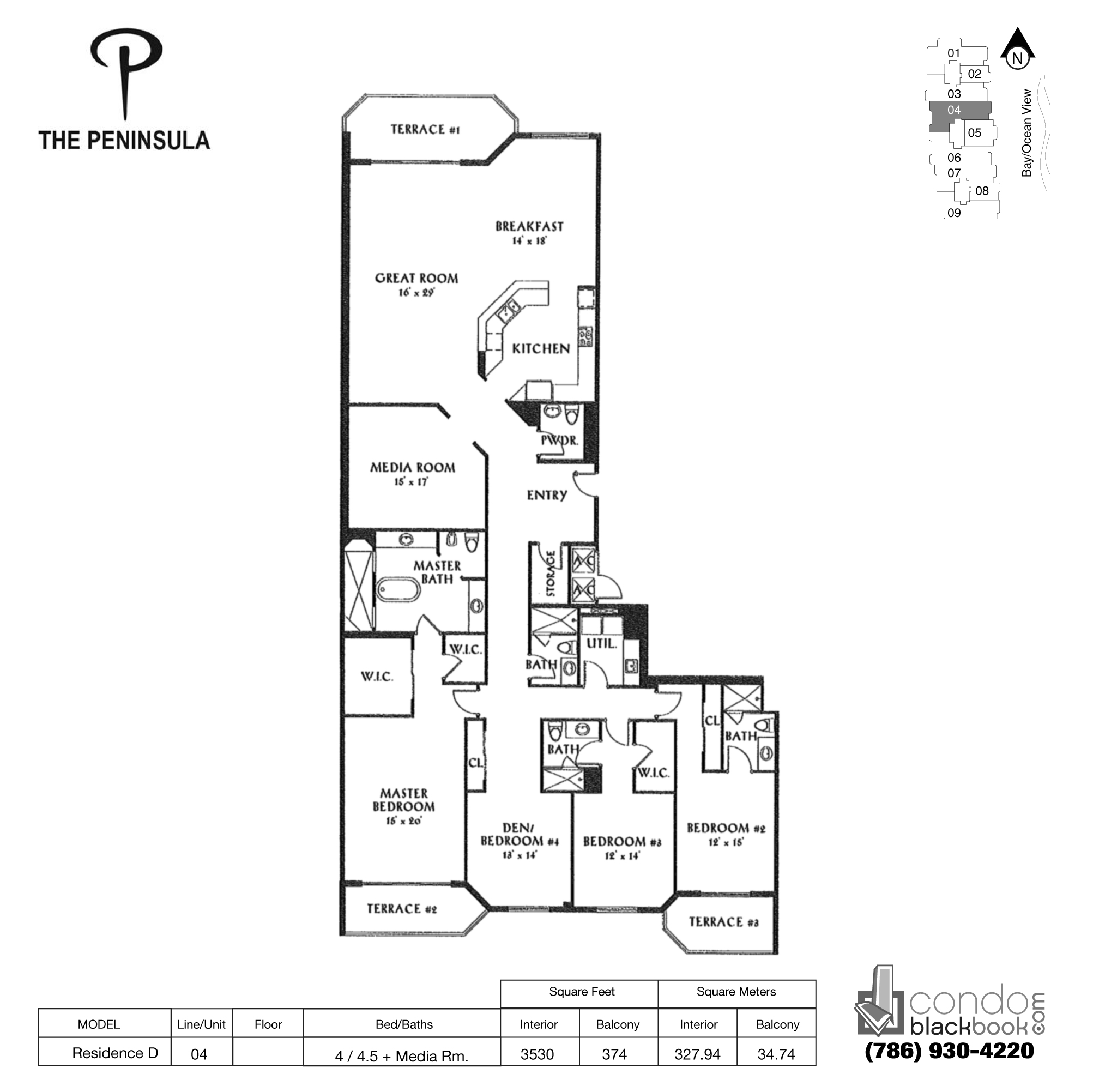 Floor plan for Peninsula II Aventura, model Res. D, line 04, 4 / 4.5 + Media Rooms bedrooms, 3530 sq ft