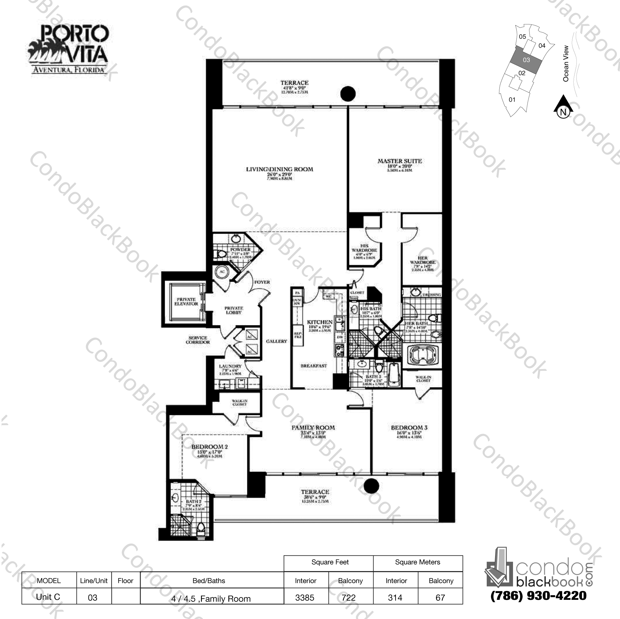Floor plan for Porto Vita North Tower Aventura, model Unit C, line 03, 4 / 4.5, Family Room bedrooms, 3385 sq ft