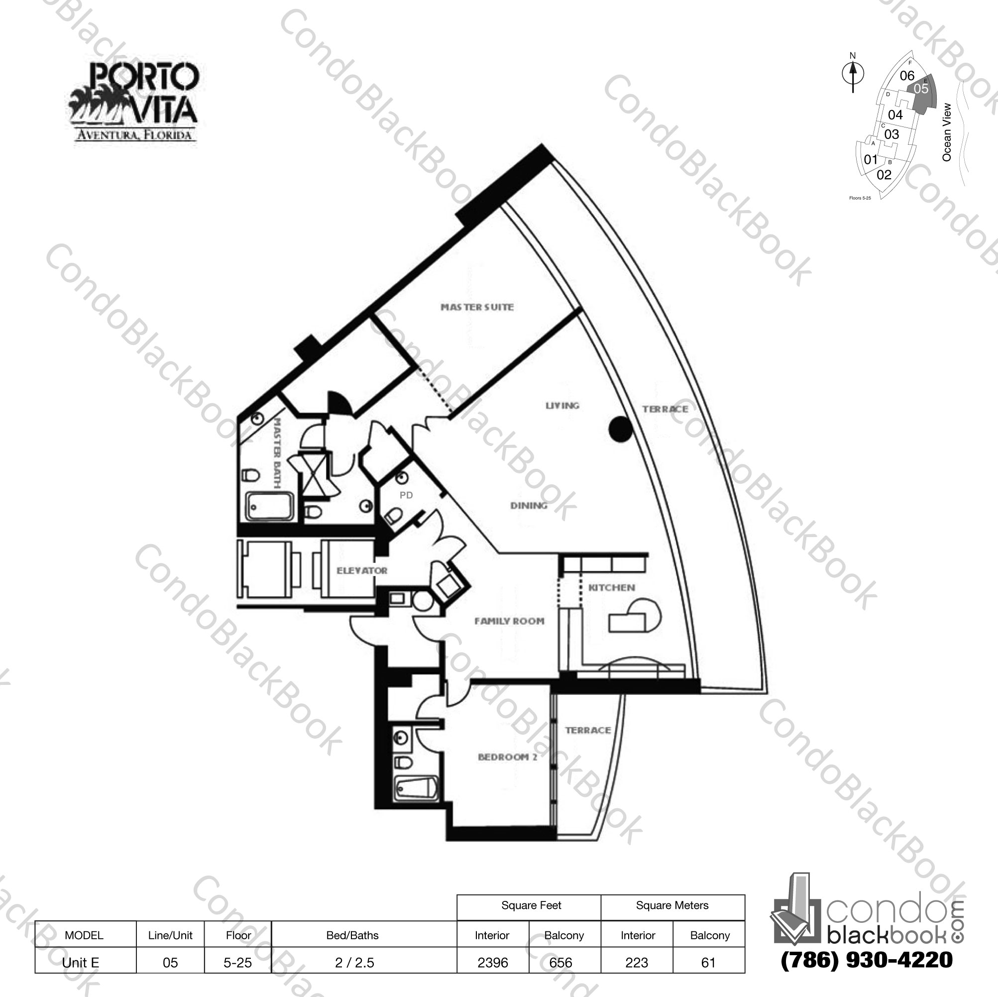 Floor plan for Porto Vita South Tower Aventura, model Unit E, line 05, 2 / 2.5 bedrooms, 2396 sq ft