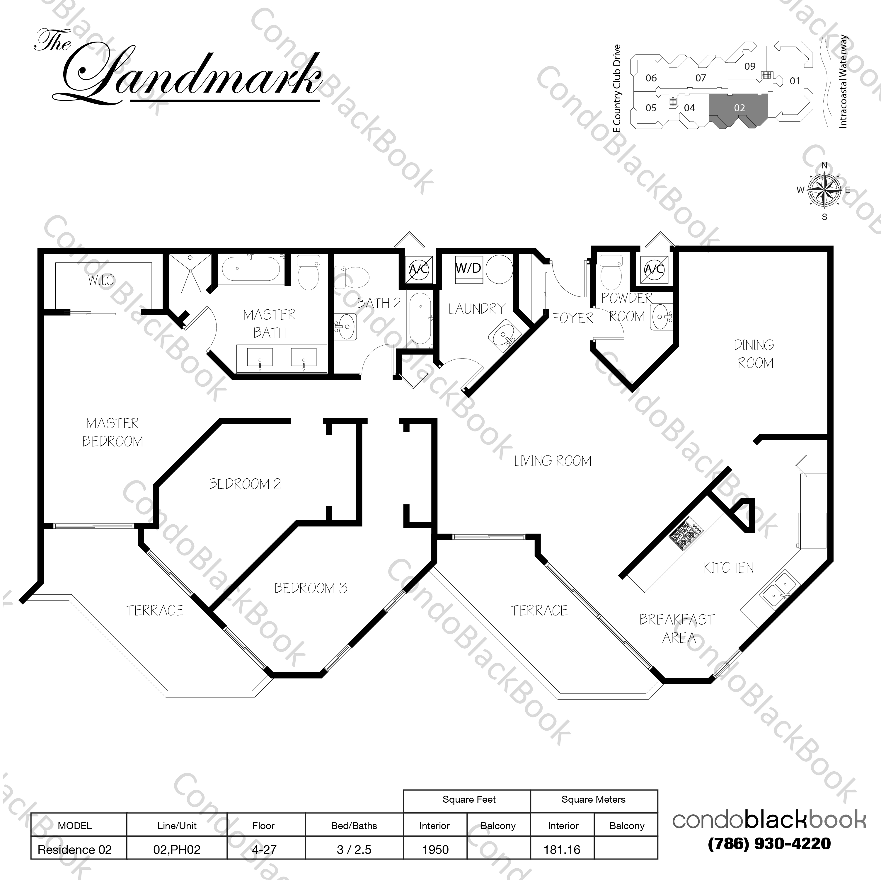 Floor plan for The Landmark Aventura, model Residence 02, line 02,PH02, 3 / 2.5 bedrooms, 1950 sq ft