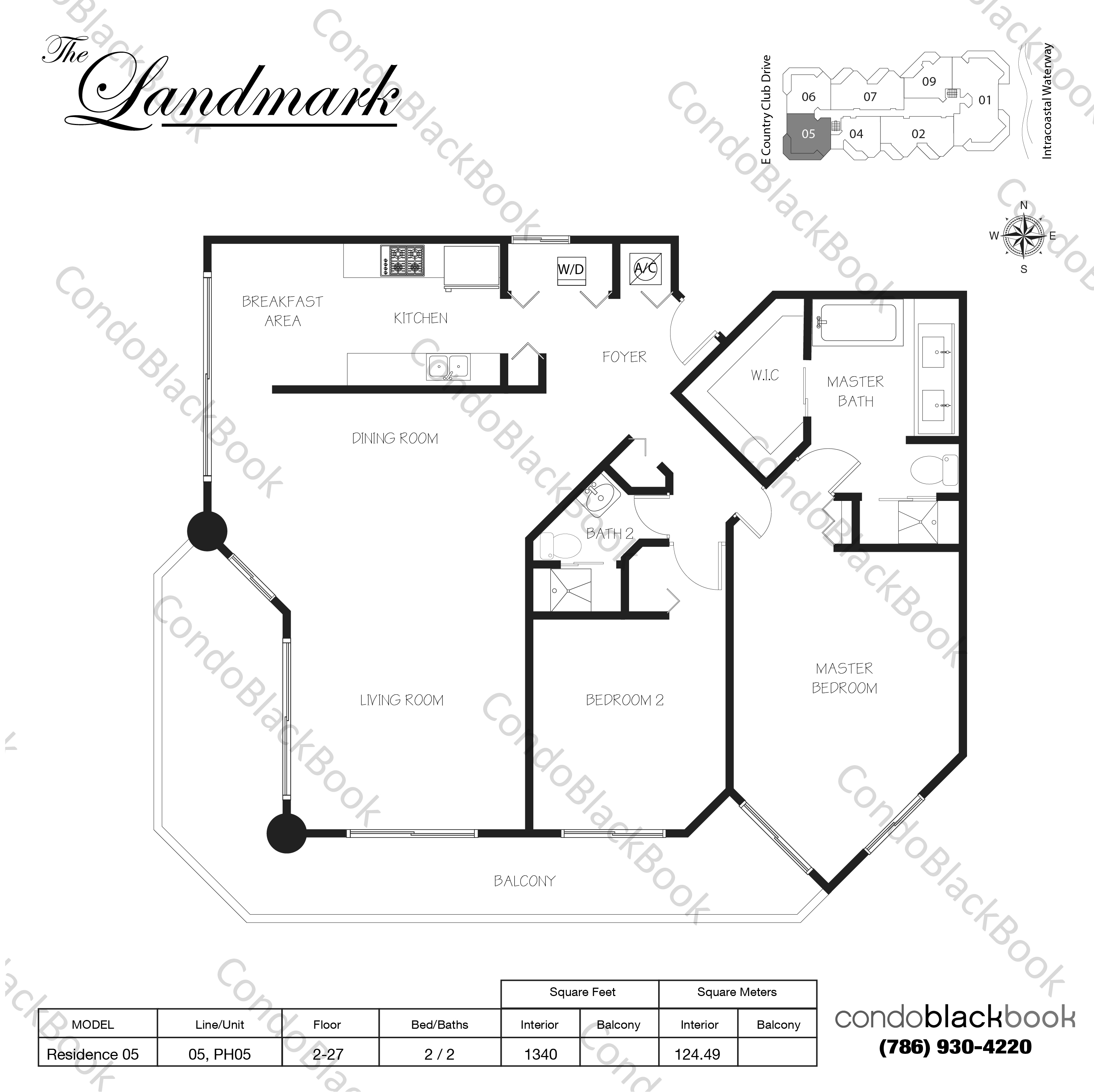 Floor plan for The Landmark Aventura, model Residence 05, line 05, PH05, 2 / 2 bedrooms, 1340 sq ft