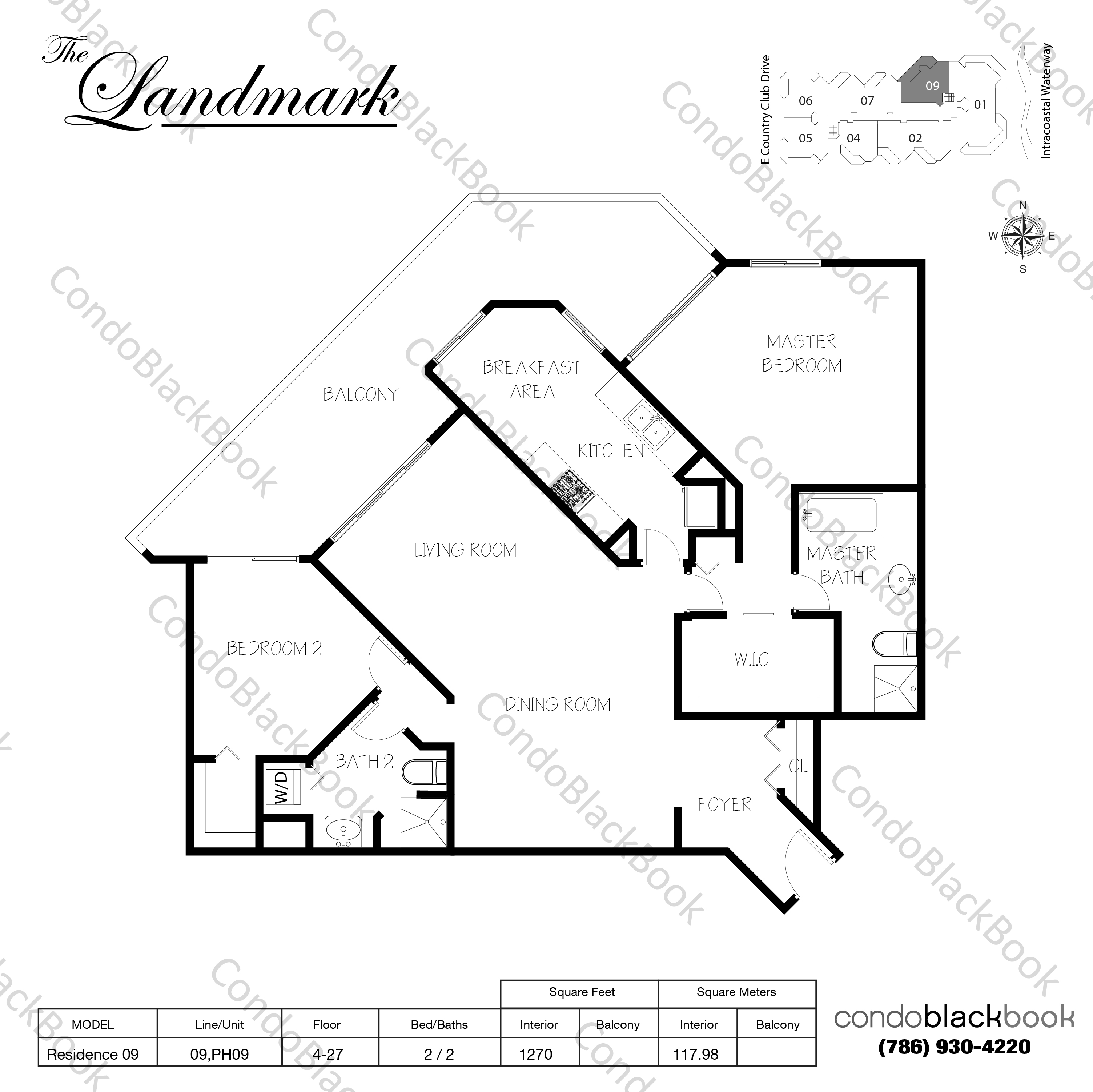 Floor plan for The Landmark Aventura, model Residence 09, line 09,PH09, 2 / 2 bedrooms, 1270 sq ft