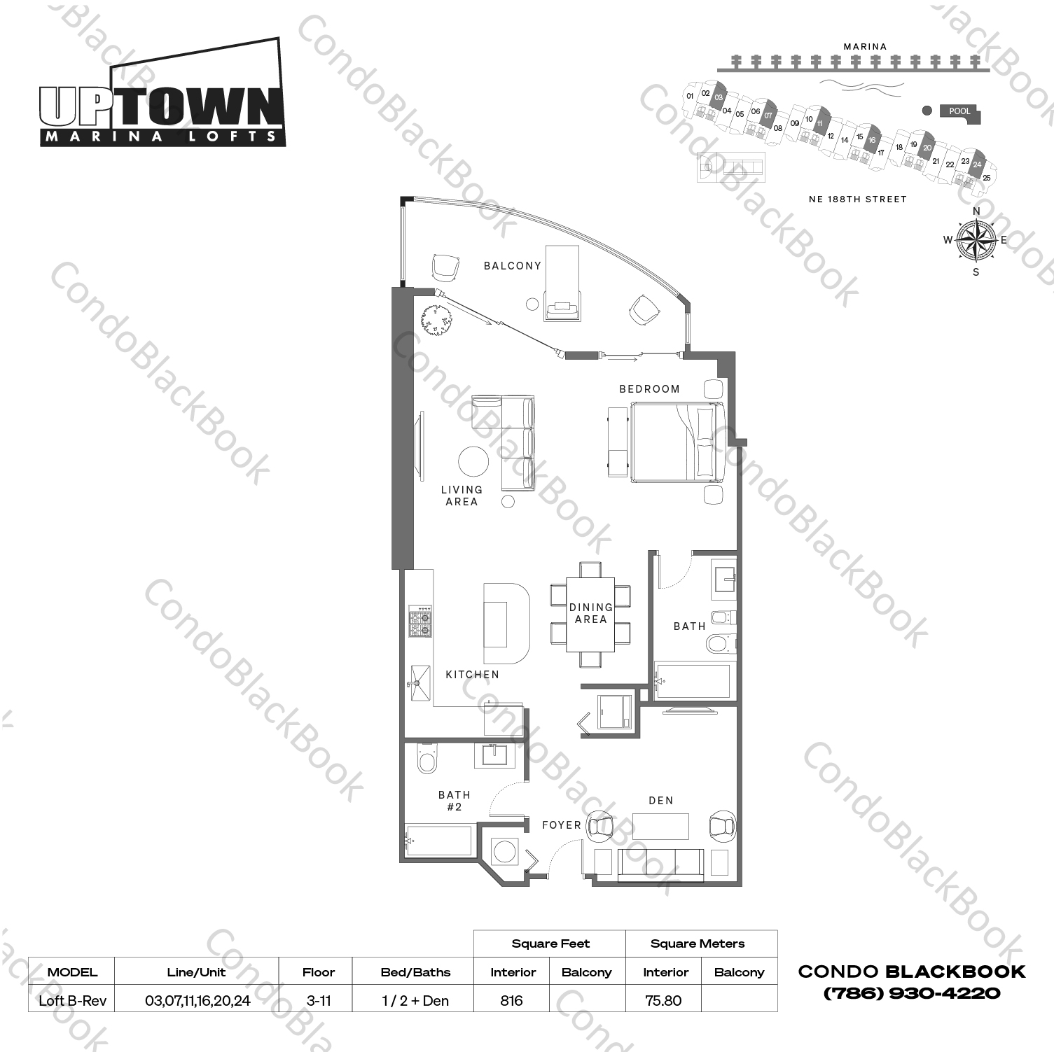Floor plan for Uptown Marina Lofts Aventura, model Loft B-Rev, line 03,07,11,16,20,24, 1 / 2 + Den bedrooms, 816 sq ft