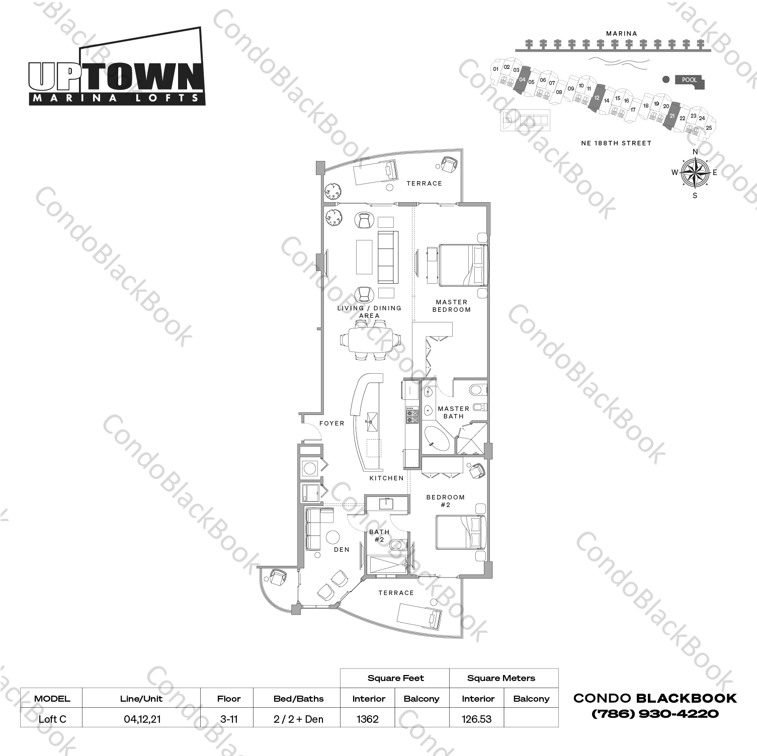 Floor plan for Uptown Marina Lofts Aventura, model Loft C, line 04,12,21, 2 / 2 + Den bedrooms, 1362 sq ft