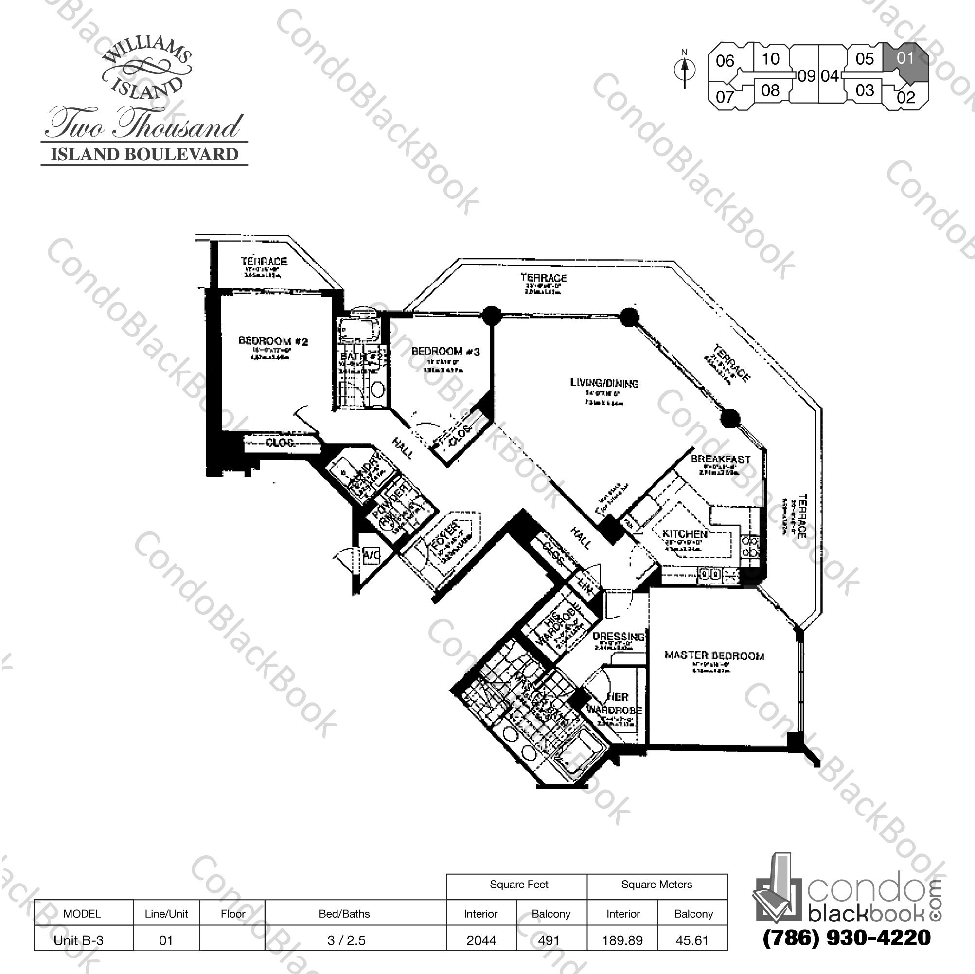 Floor plan for Williams Island 2000 Aventura, model Unit B-3, line 01, 3 / 2.5 bedrooms, 2044 sq ft