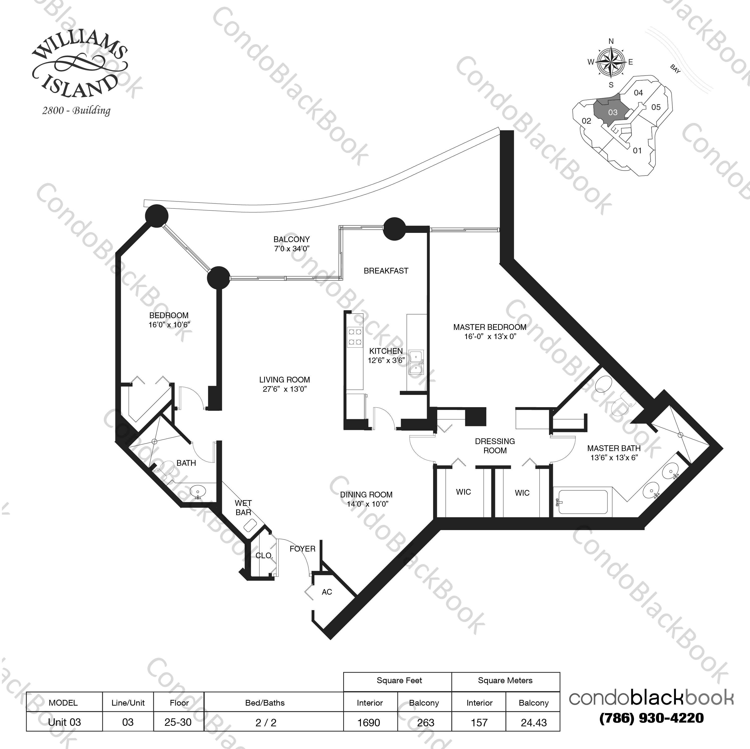Floor plan for Williams Island 2800 Aventura, model Unit 03, line 03, 2 / 2 bedrooms, 1690 sq ft