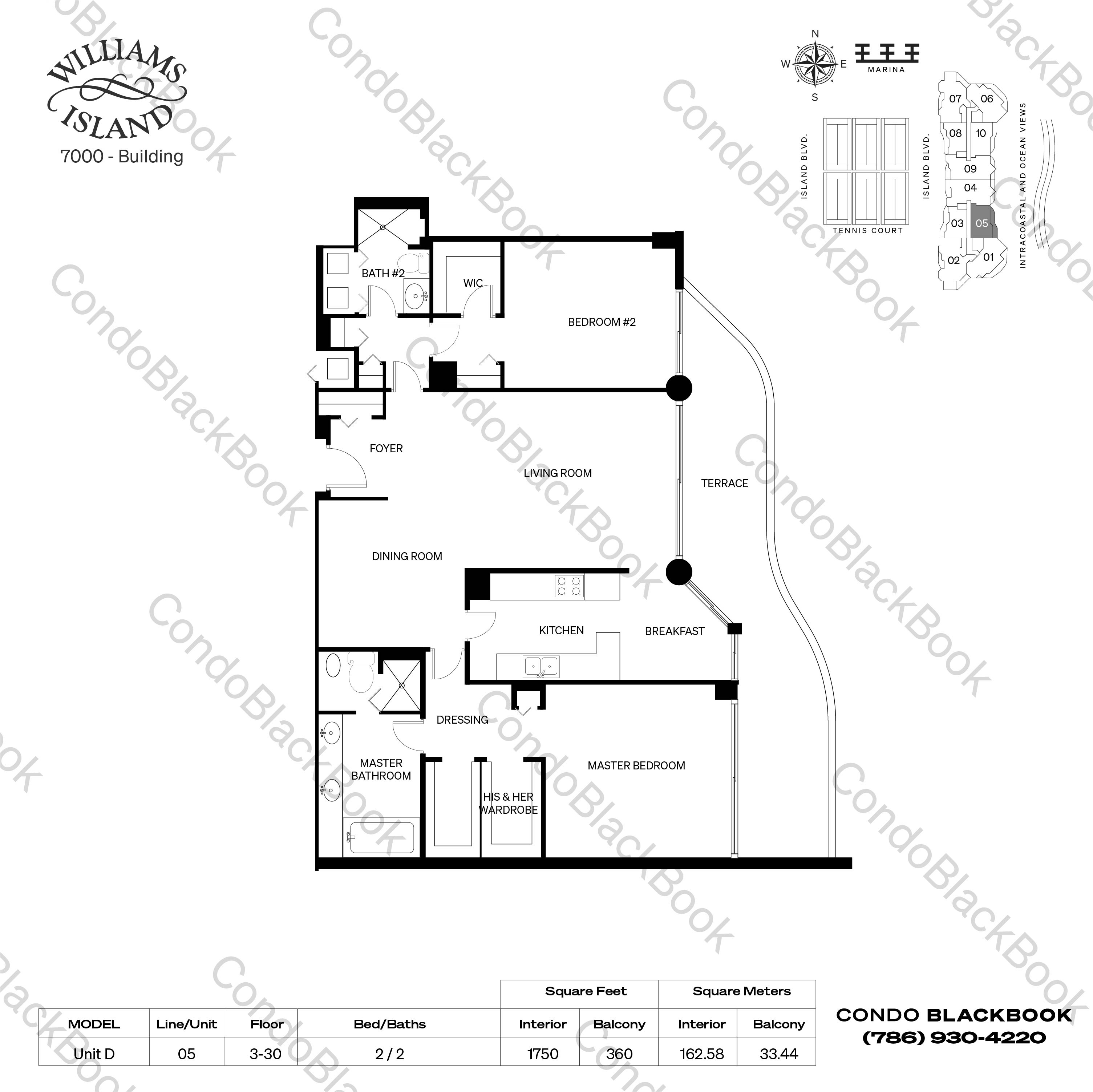 Floor plan for Williams Island 7000 Aventura, model Unit D, line 05, 2 / 2 bedrooms, 1750 sq ft