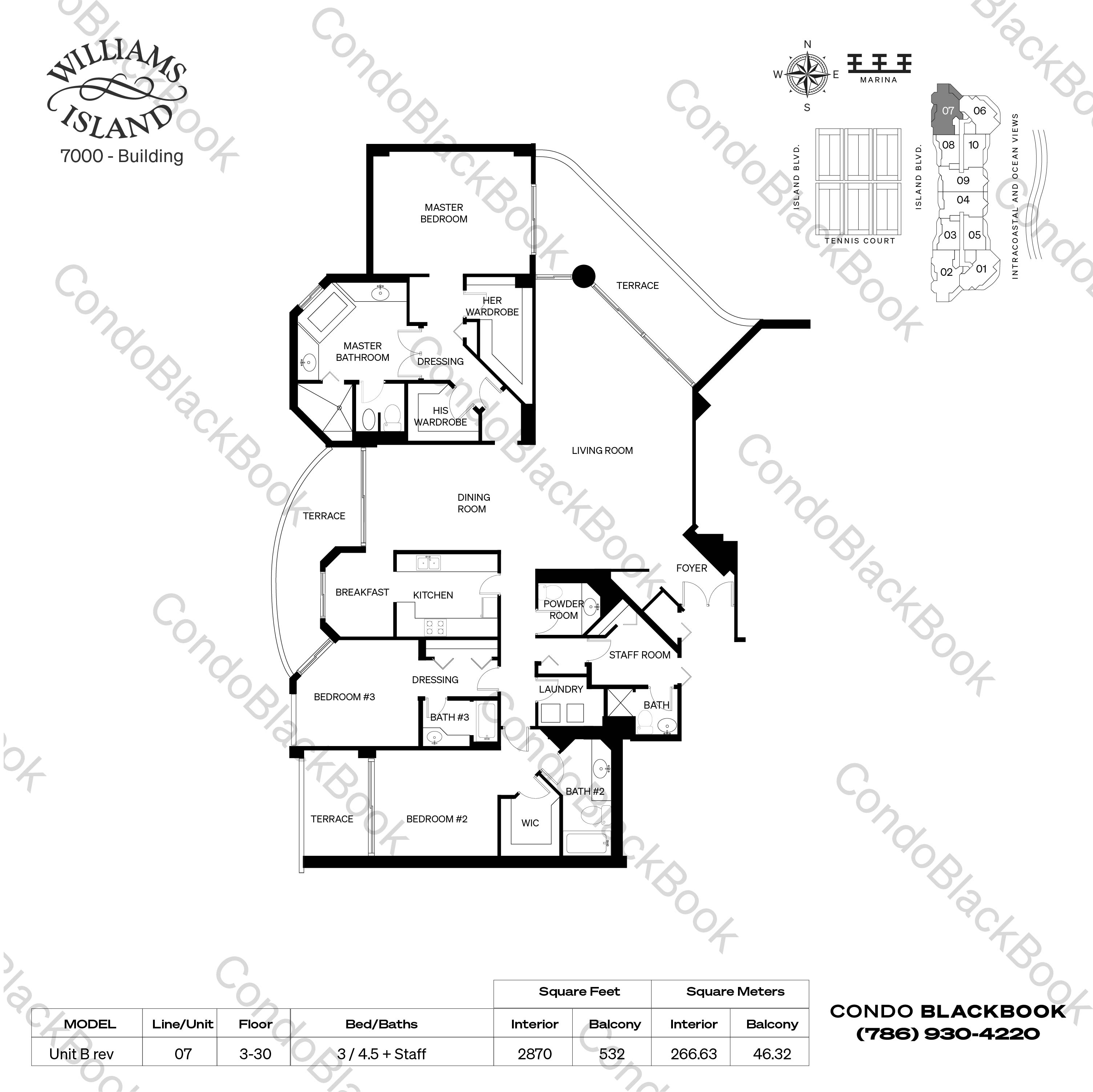 Floor plan for Williams Island 7000 Aventura, model Unit B rev, line 07, 3 / 4.5 + Staff bedrooms, 2870 sq ft