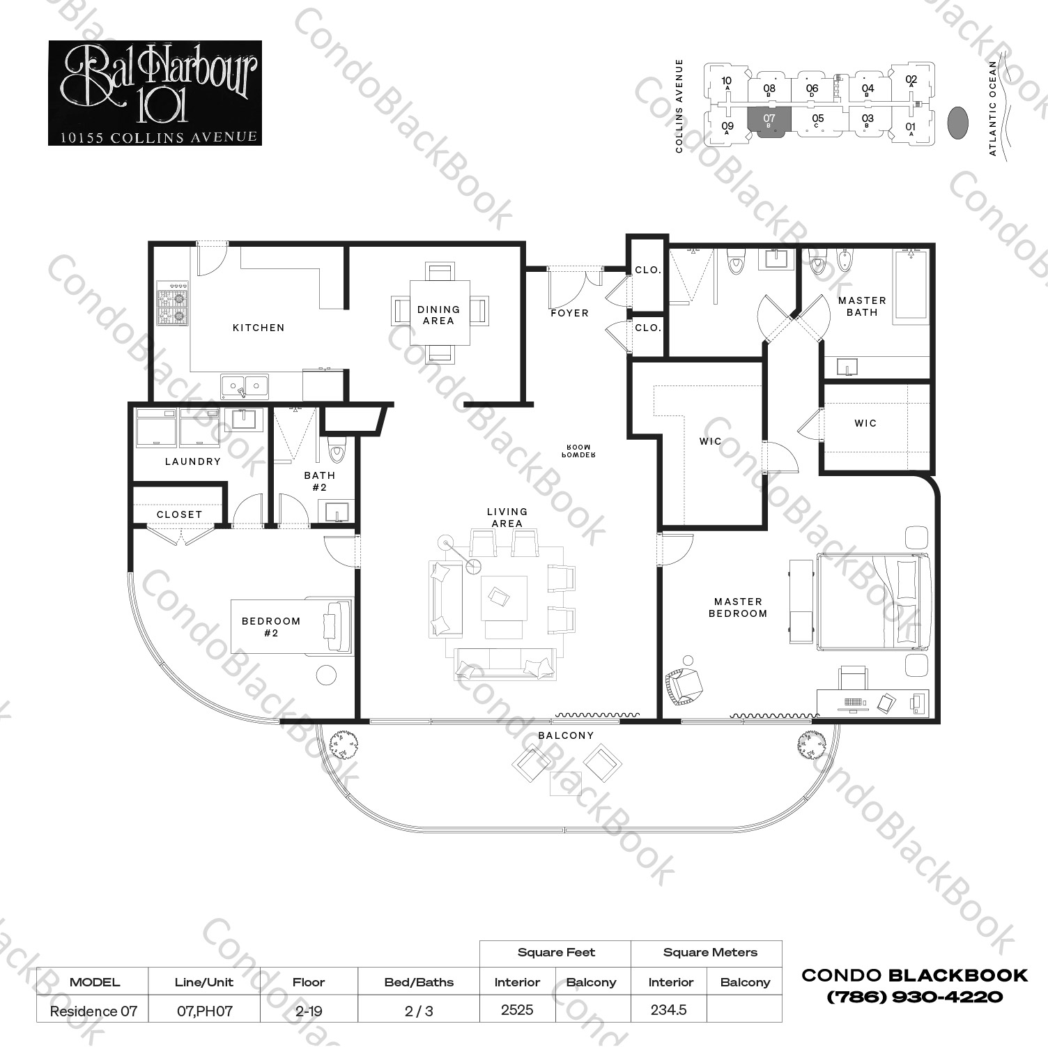 Floor plan for Bal Harbour 101 Bal Harbour, model Residence 07, line 07, PH07, 2 / 3 bedrooms, 2525 sq ft