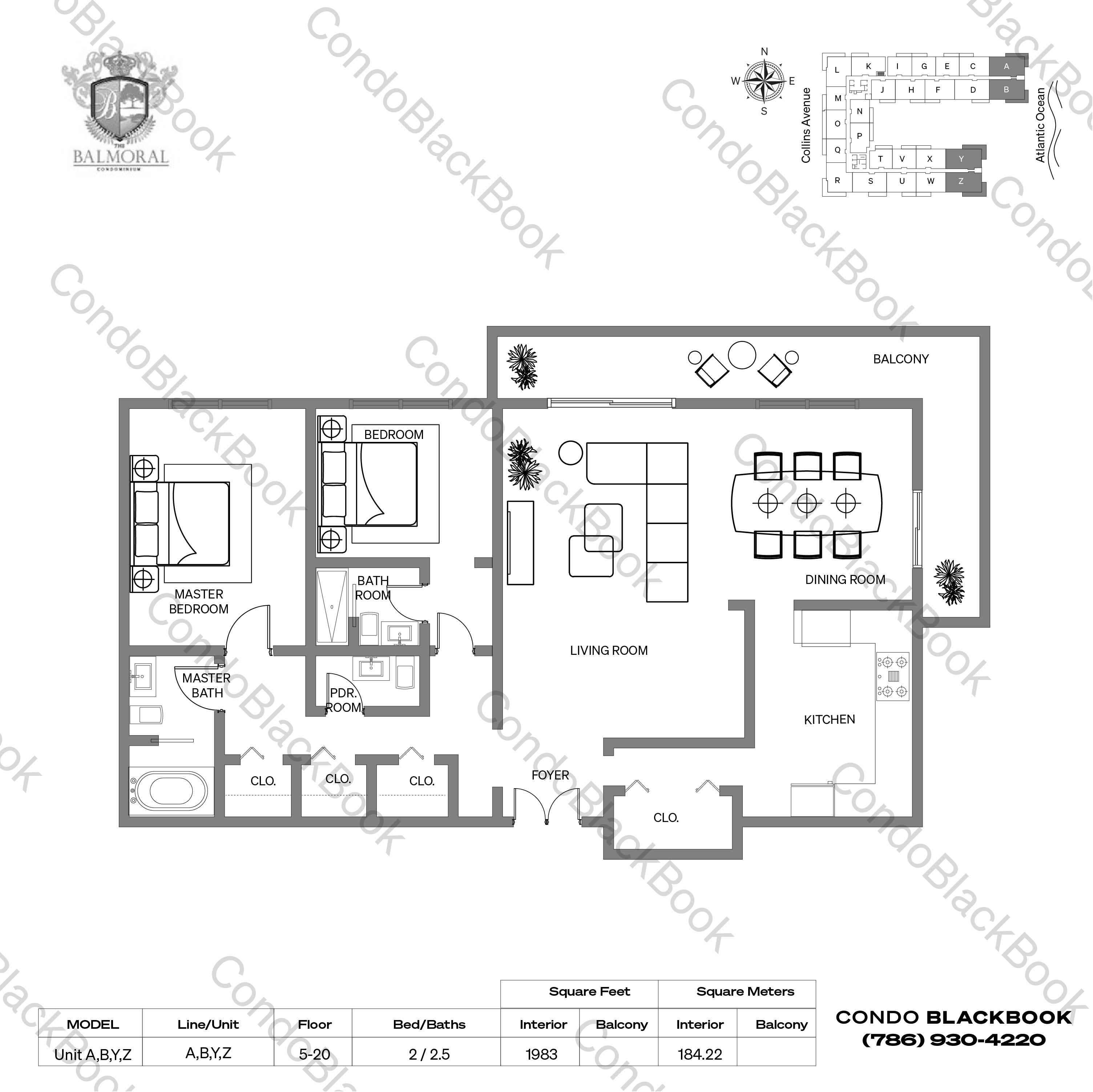 Floor plan for Balmoral Bal Harbour, model Unit A,B,Y,Z, line A,B,Y,Z, 2 / 2.5 bedrooms, 1983 sq ft