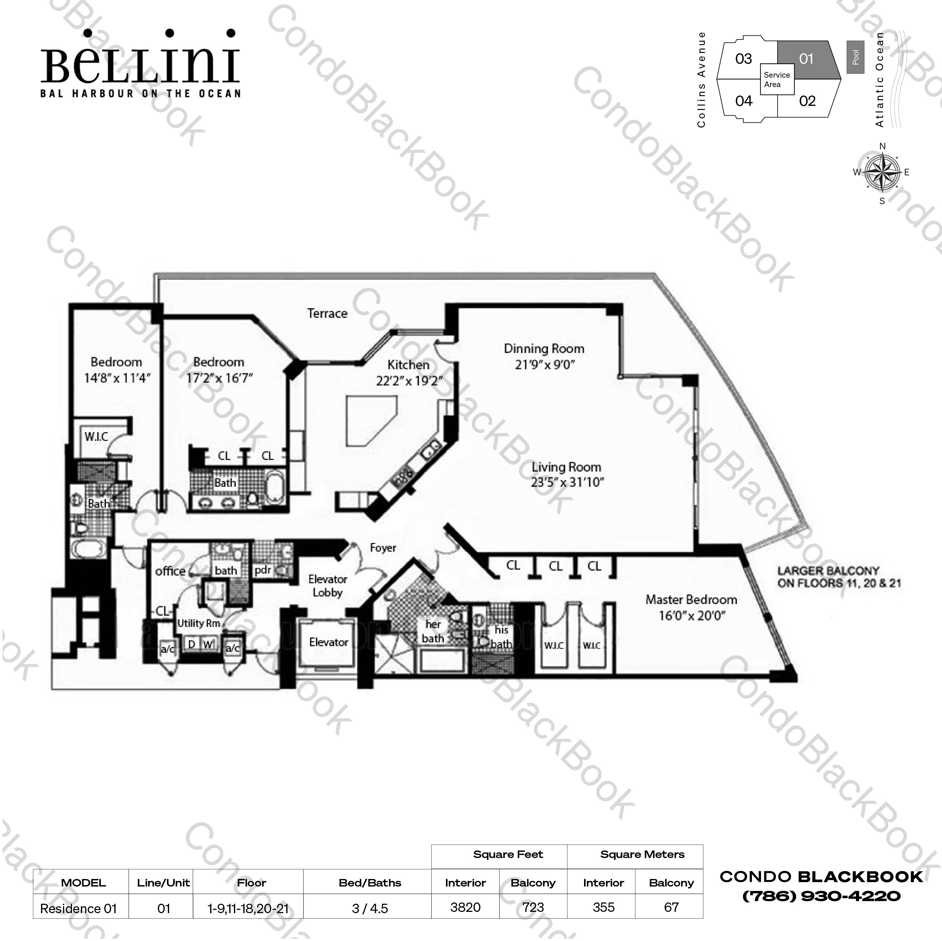 Floor plan for Bellini Bal Harbour, model Residence 01, line 01, 3 / 4.5 bedrooms, 3820 sq ft