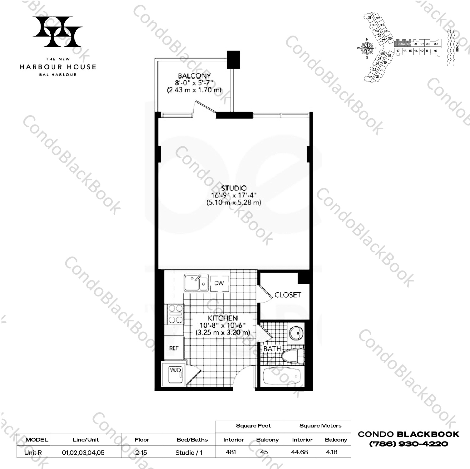 Floor plan for Harbour House Bal Harbour, model Unit R, line 01,02,03,04,05, Studio / 1 bedrooms, 481 sq ft