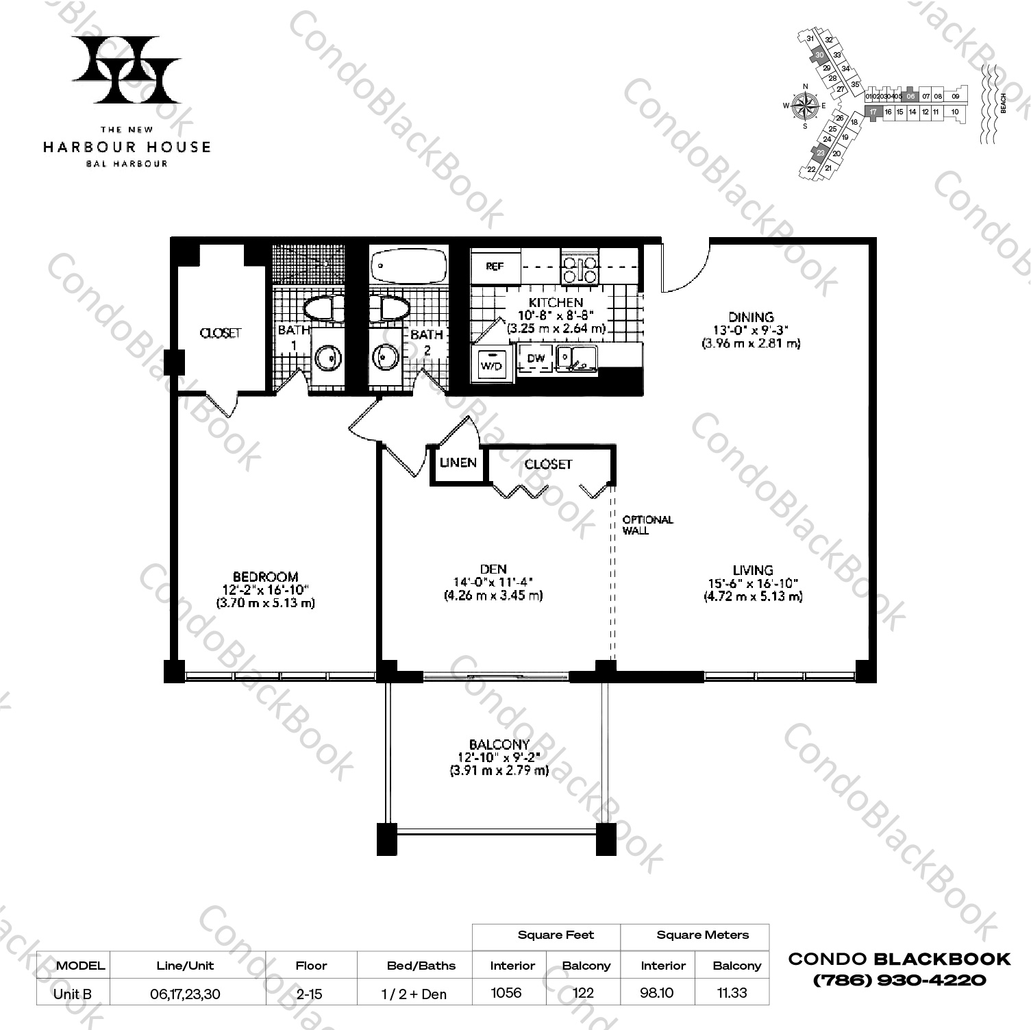 Floor plan for Harbour House Bal Harbour, model Unit B, line 06,17,23,30, 1 / 2 + Den bedrooms, 1056 sq ft
