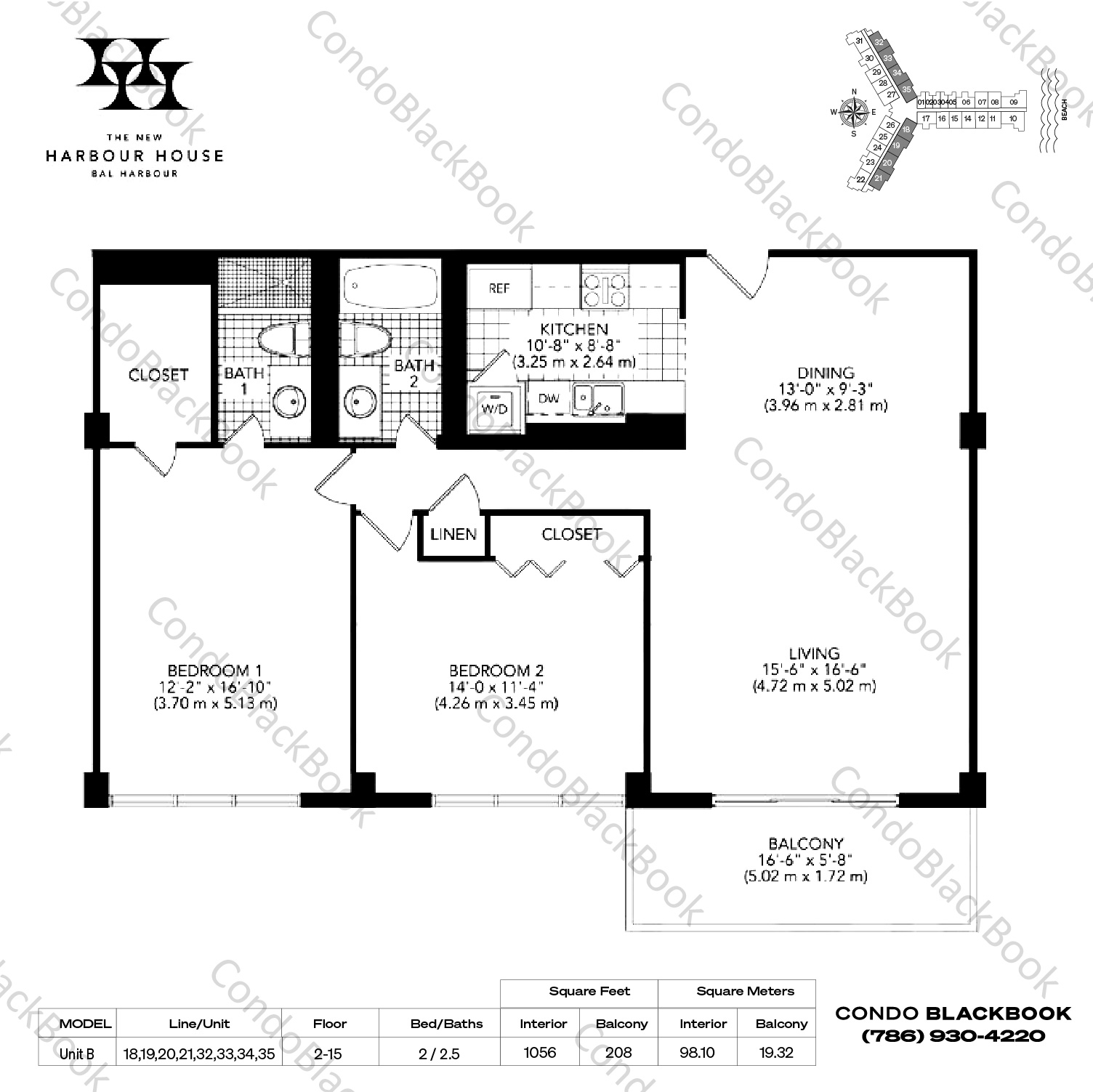 Floor plan for Harbour House Bal Harbour, model Unit B, line 18,19,20,21,32,33,34,35, 2 / 2.5 bedrooms, 1056 sq ft
