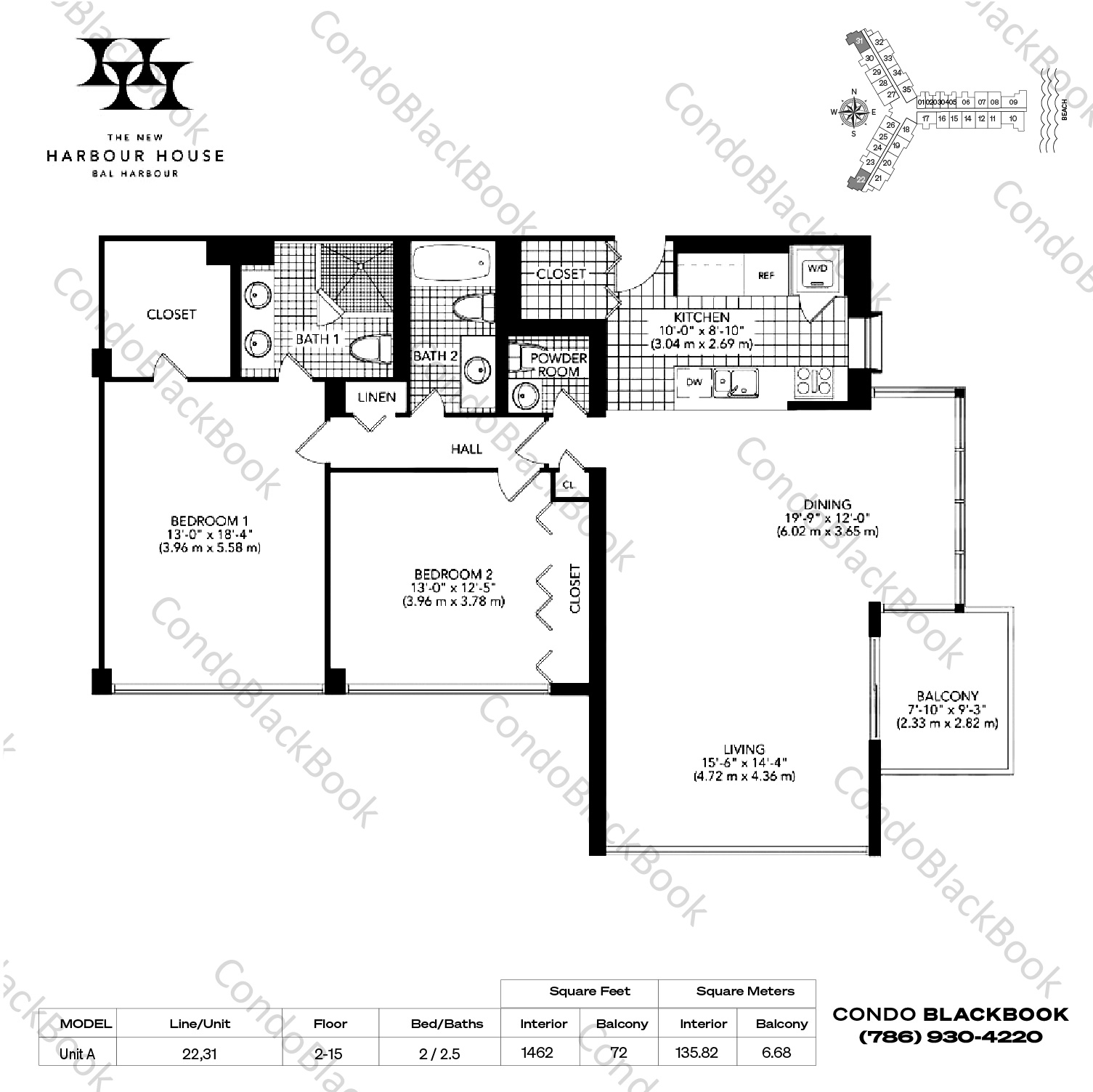Floor plan for Harbour House Bal Harbour, model Unit A, line 22,31, 2 / 2.5 bedrooms, 1462 sq ft