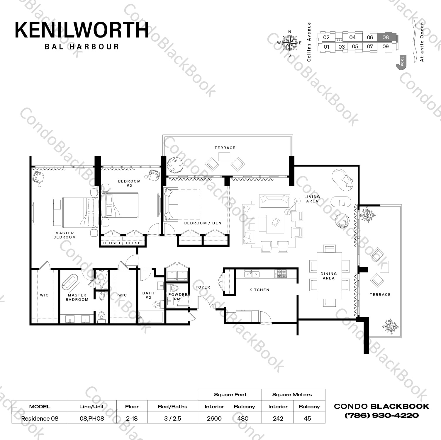 Floor plan for Kenilworth Bal Harbour, model Residence 08, line 08,PH08, 3 / 2.5 bedrooms, 2600 sq ft