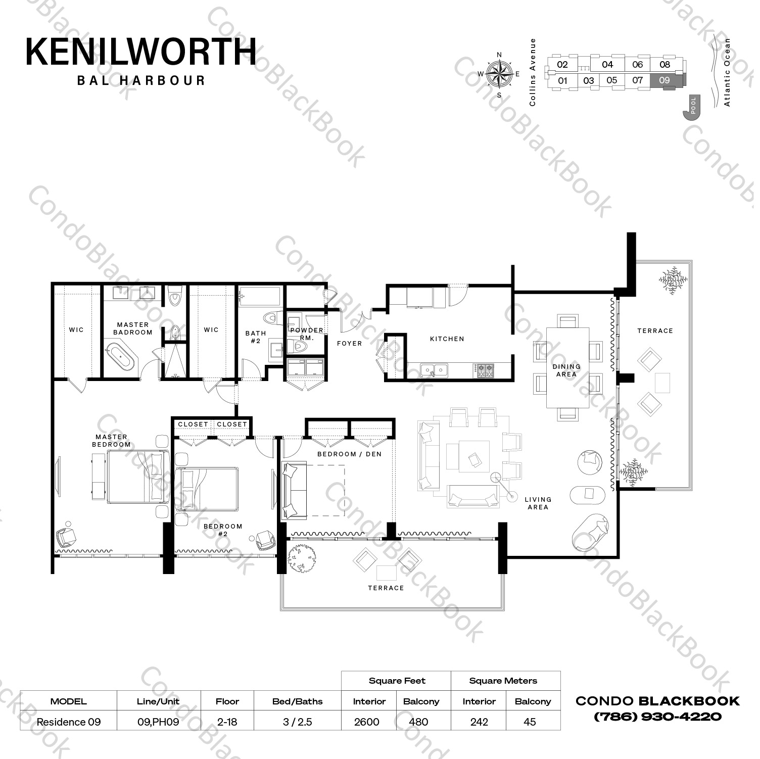Floor plan for Kenilworth Bal Harbour, model Residence 09, line 09,PH09, 3 / 2.5 bedrooms, 2600 sq ft