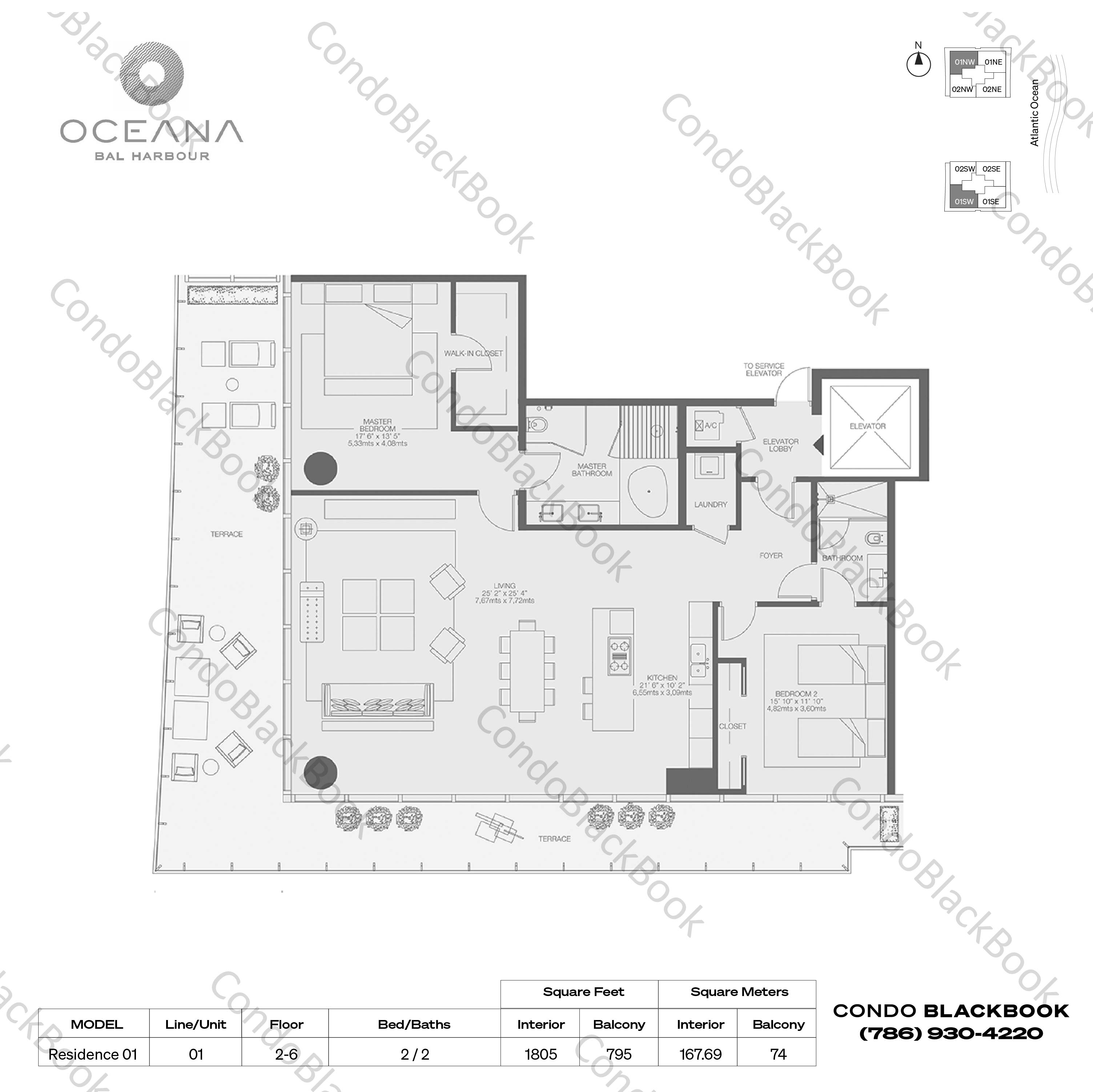 Floor plan for Oceana Bal Harbour Bal Harbour, model Residence 01, line 01W, 2 / 2 bedrooms, 1805 sq ft