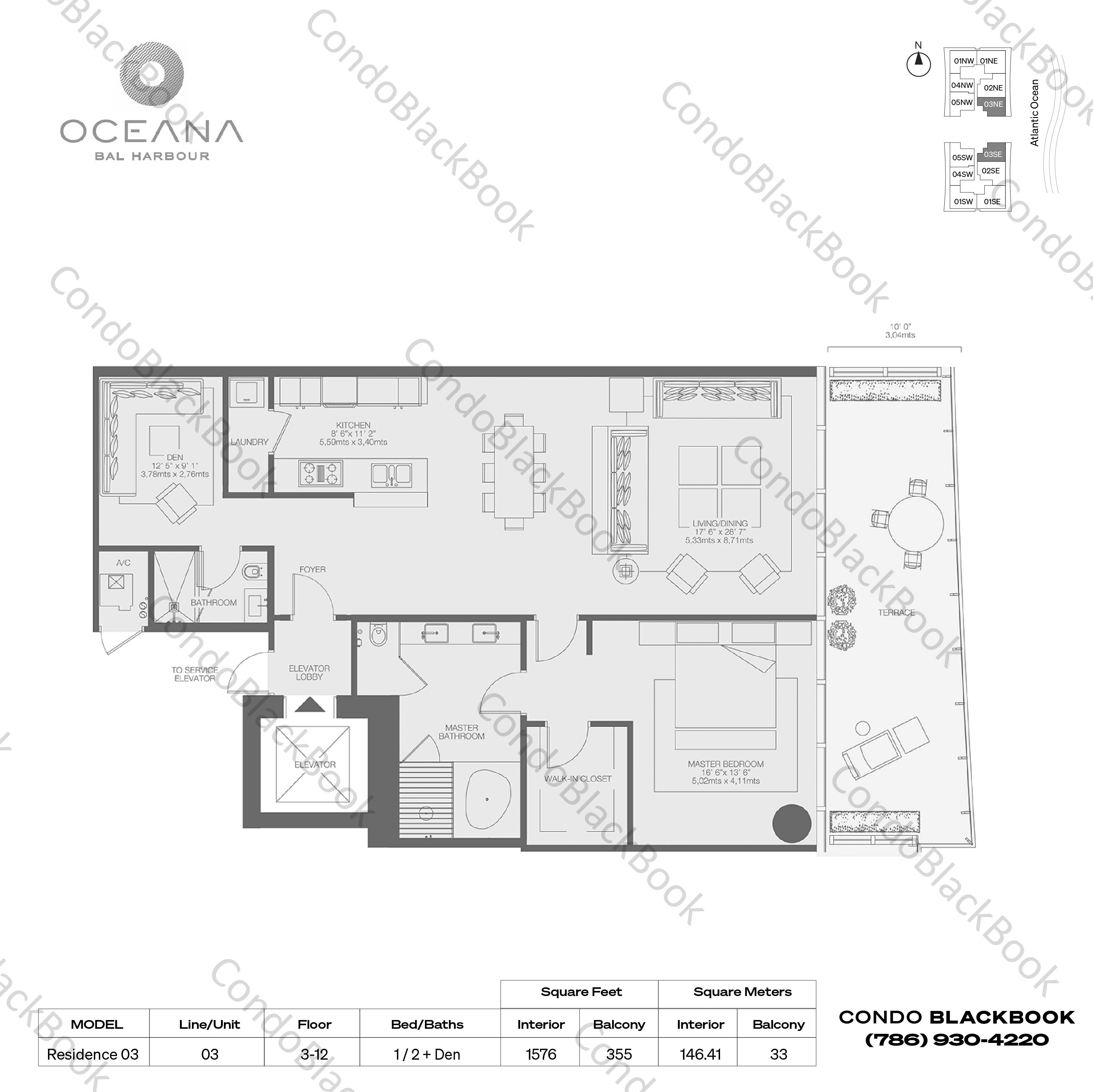 Floor plan for Oceana Bal Harbour Bal Harbour, model Residence 03, line 03, 1 / 2 + Den bedrooms, 1576 sq ft